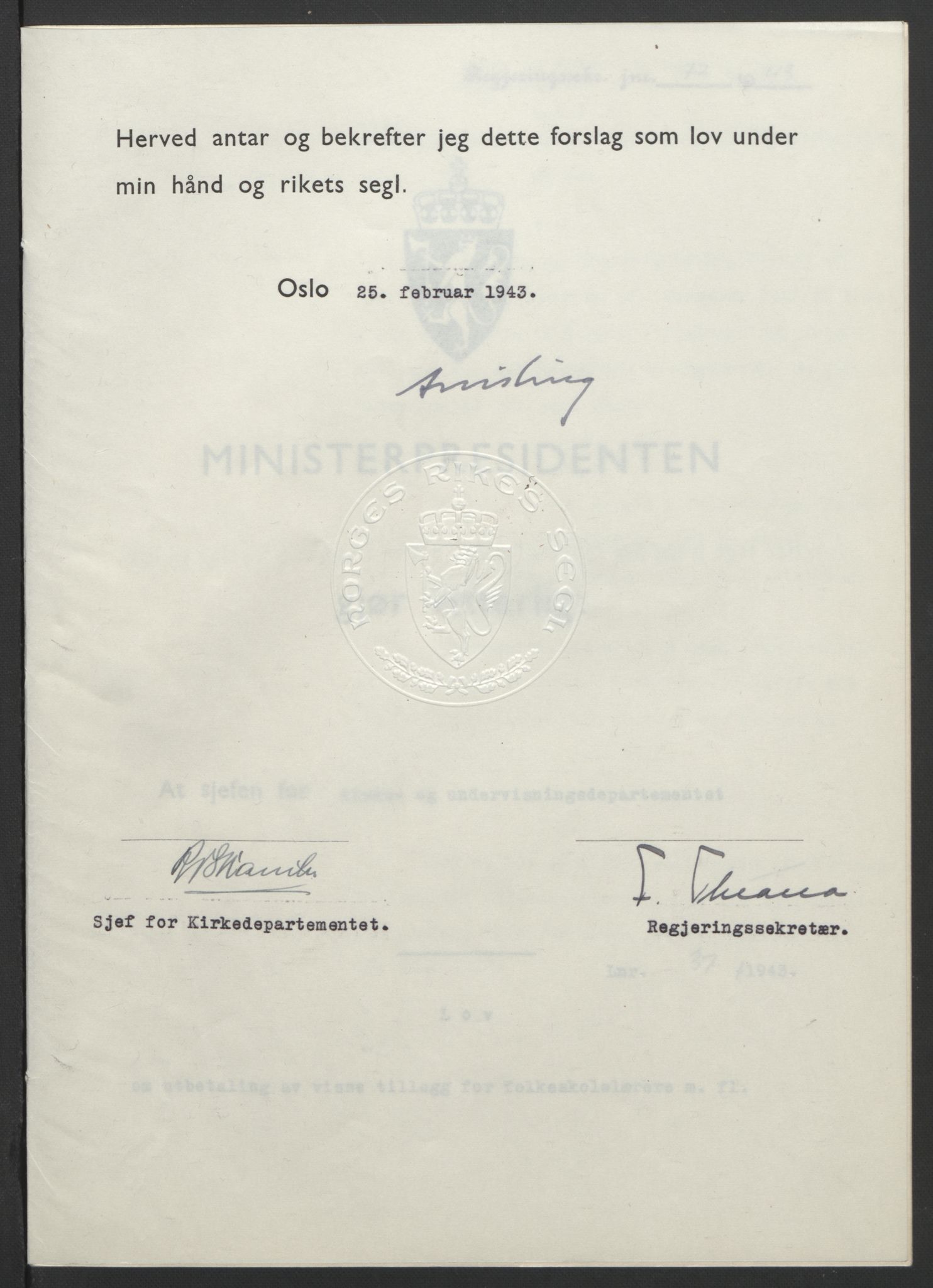 NS-administrasjonen 1940-1945 (Statsrådsekretariatet, de kommisariske statsråder mm), RA/S-4279/D/Db/L0099: Lover, 1943, p. 161