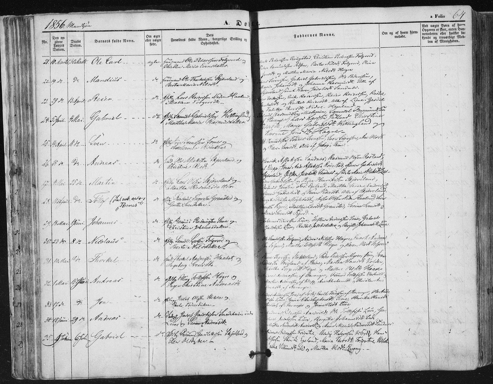 Høyland sokneprestkontor, AV/SAST-A-101799/001/30BA/L0008: Parish register (official) no. A 8, 1841-1856, p. 64