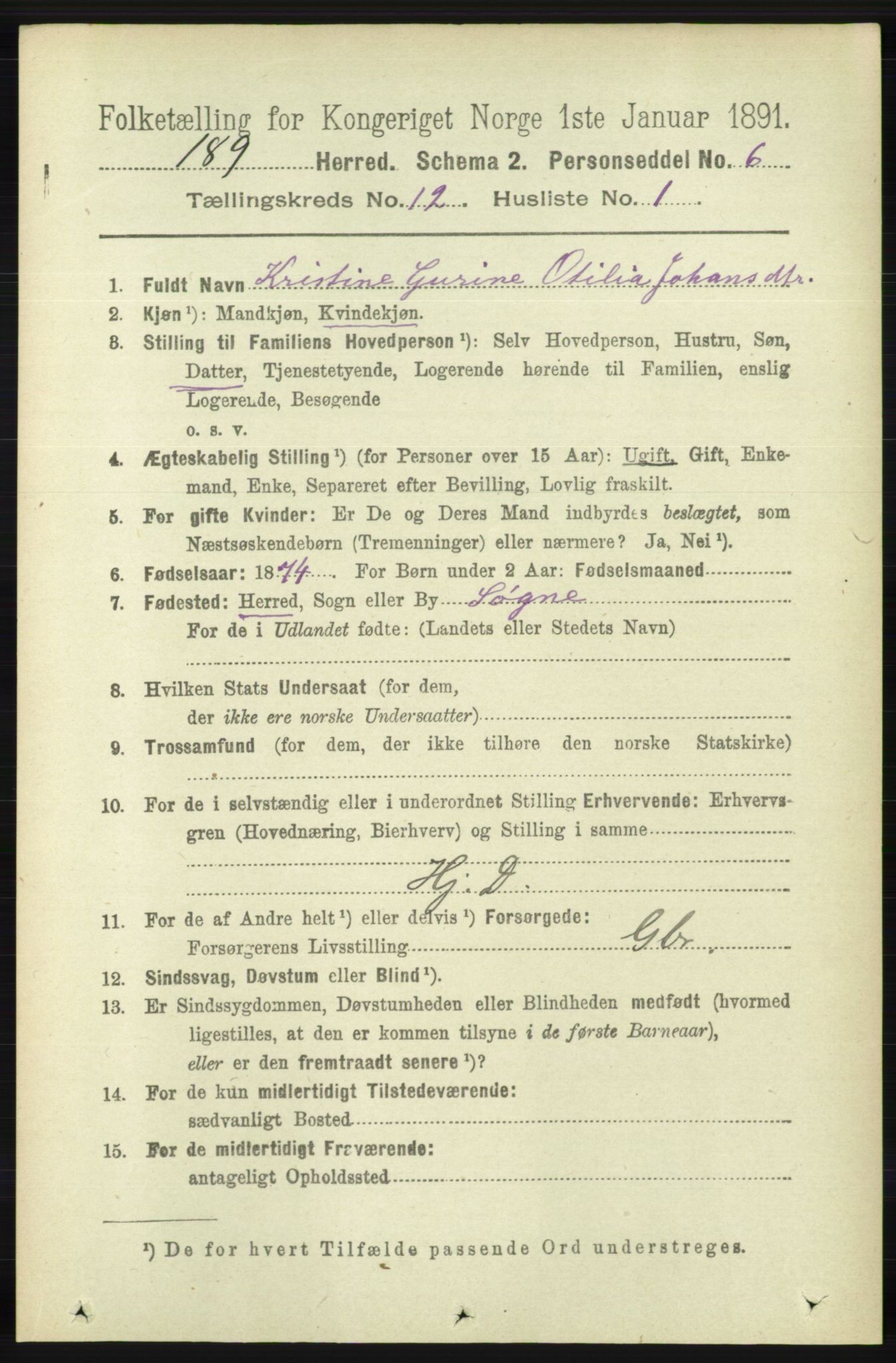 RA, 1891 census for 1018 Søgne, 1891, p. 3126