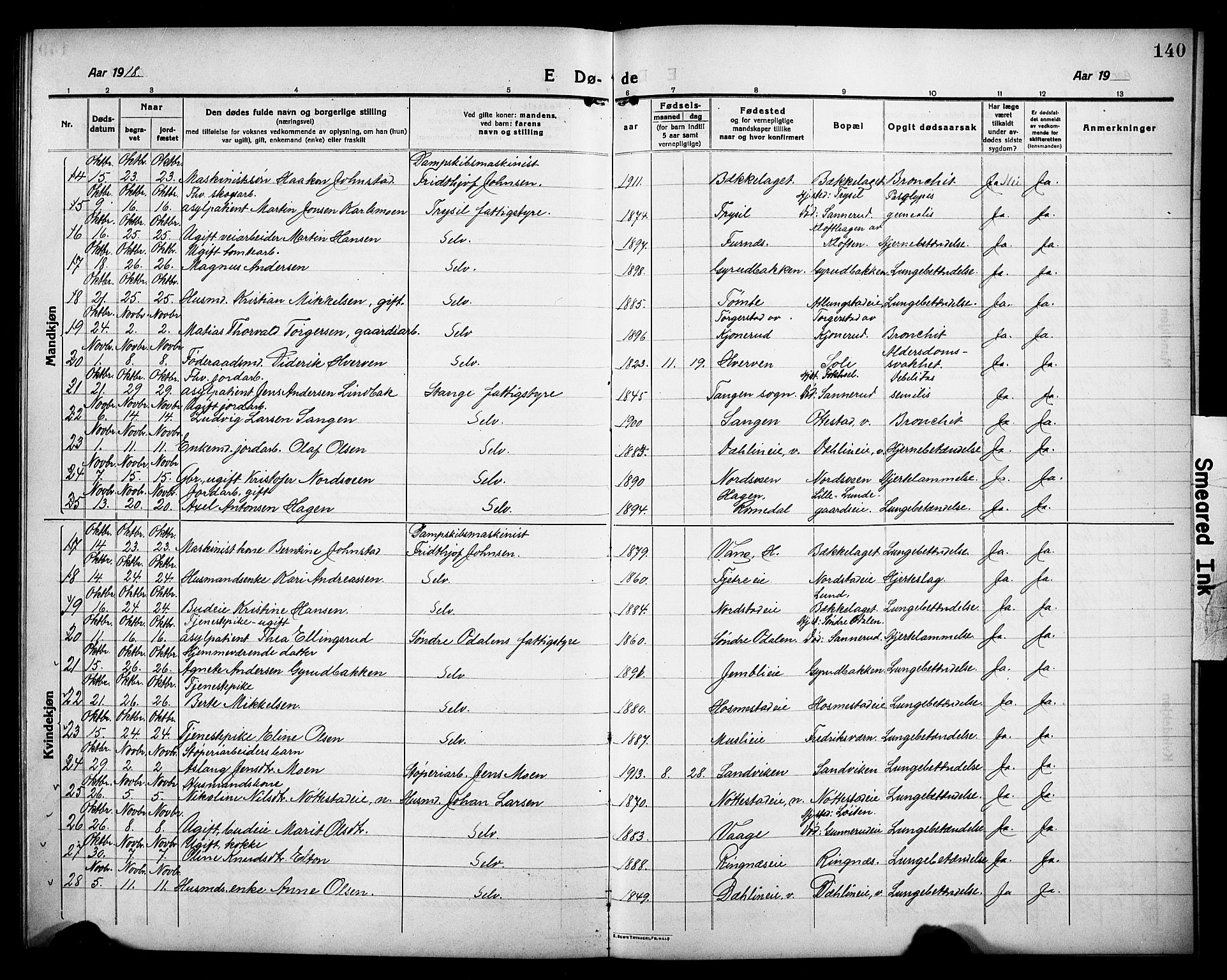 Stange prestekontor, AV/SAH-PREST-002/L/L0015: Parish register (copy) no. 15, 1916-1928, p. 140