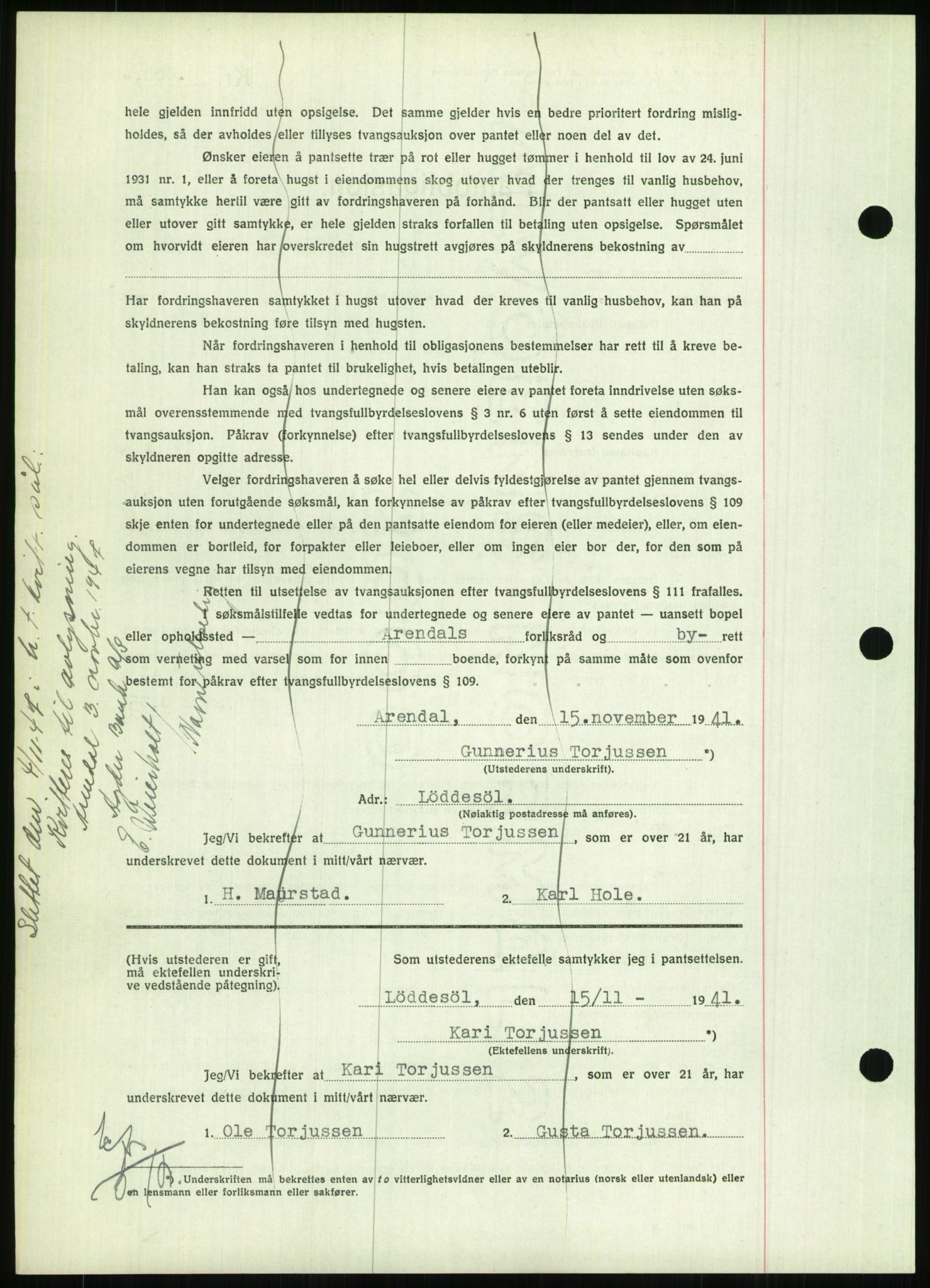 Nedenes sorenskriveri, SAK/1221-0006/G/Gb/Gbb/L0001: Mortgage book no. I, 1939-1942, Diary no: : 1037/1941