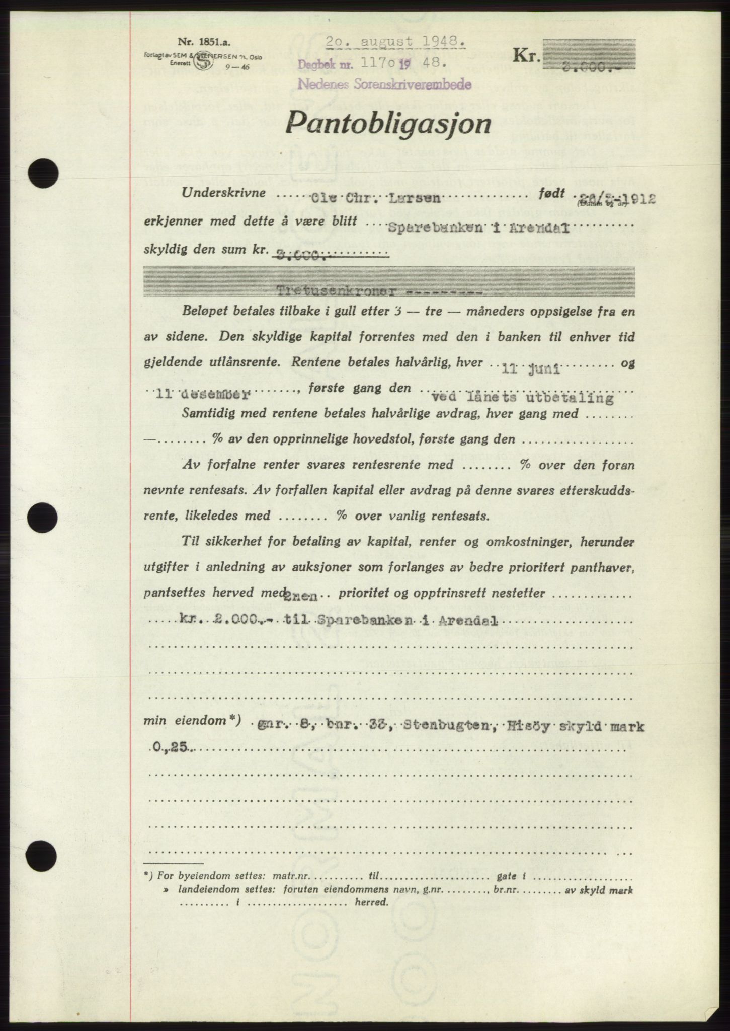 Nedenes sorenskriveri, AV/SAK-1221-0006/G/Gb/Gbb/L0005: Mortgage book no. B5, 1948-1948, Diary no: : 1170/1948