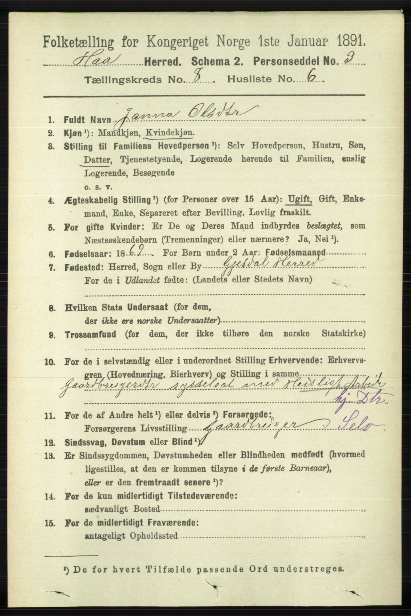 RA, 1891 census for 1119 Hå, 1891, p. 2075