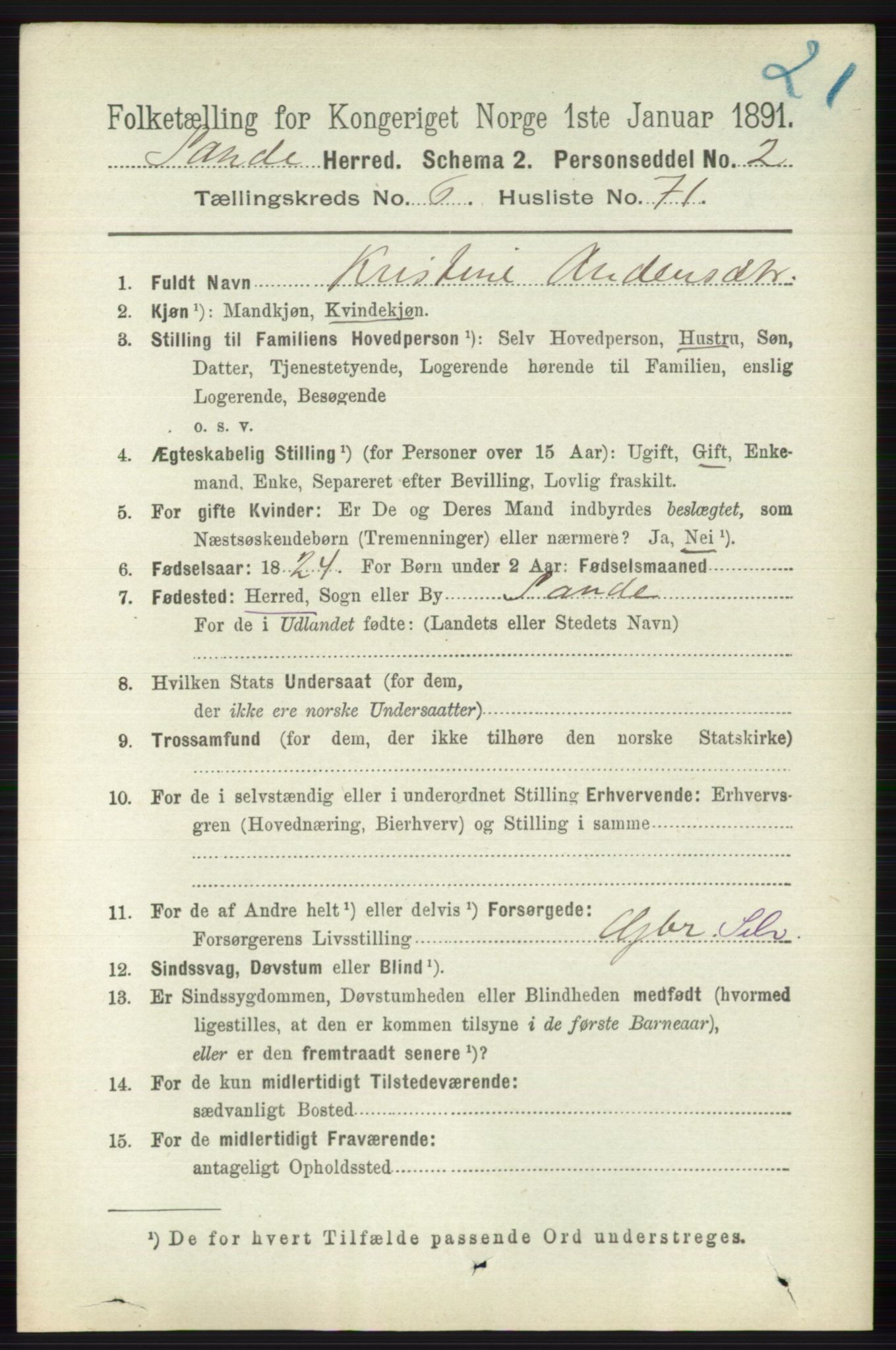 RA, 1891 census for 0713 Sande, 1891, p. 3075