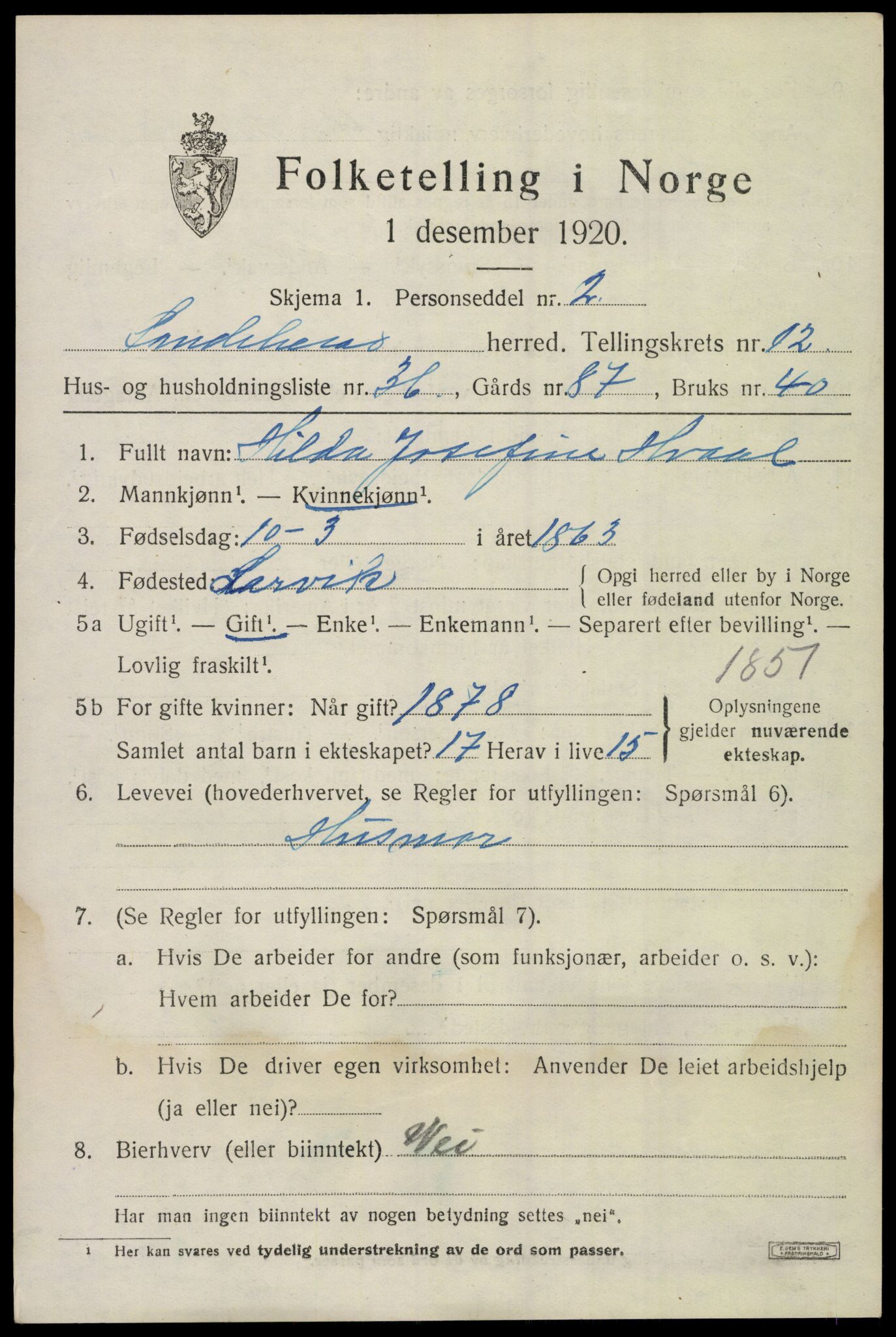 SAKO, 1920 census for Sandeherred, 1920, p. 18580