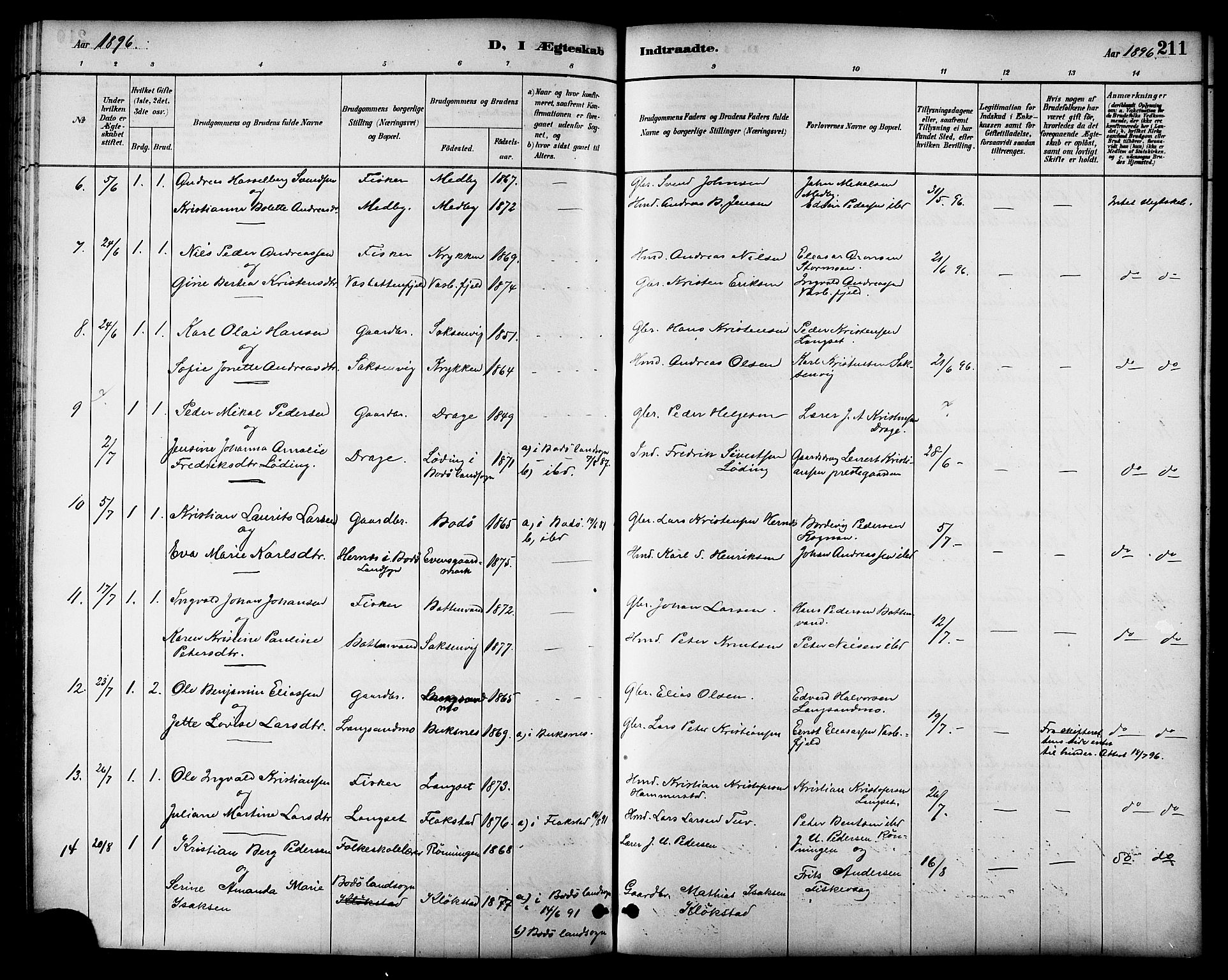 Ministerialprotokoller, klokkerbøker og fødselsregistre - Nordland, AV/SAT-A-1459/847/L0669: Parish register (official) no. 847A09, 1887-1901, p. 211