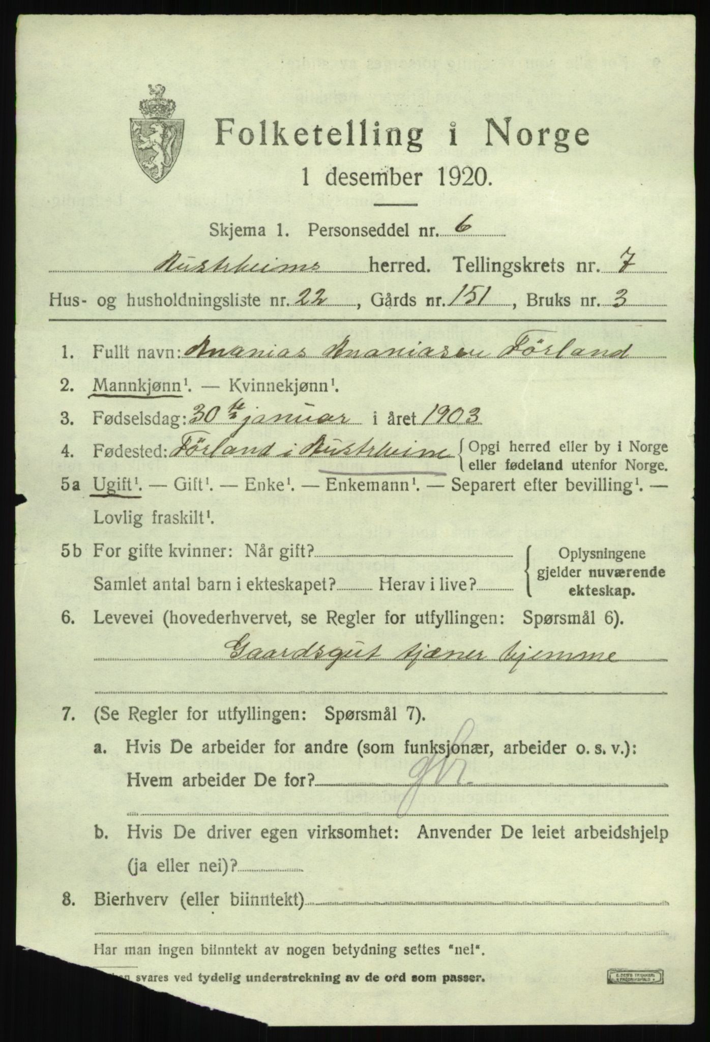 SAB, 1920 census for Austrheim, 1920, p. 2938