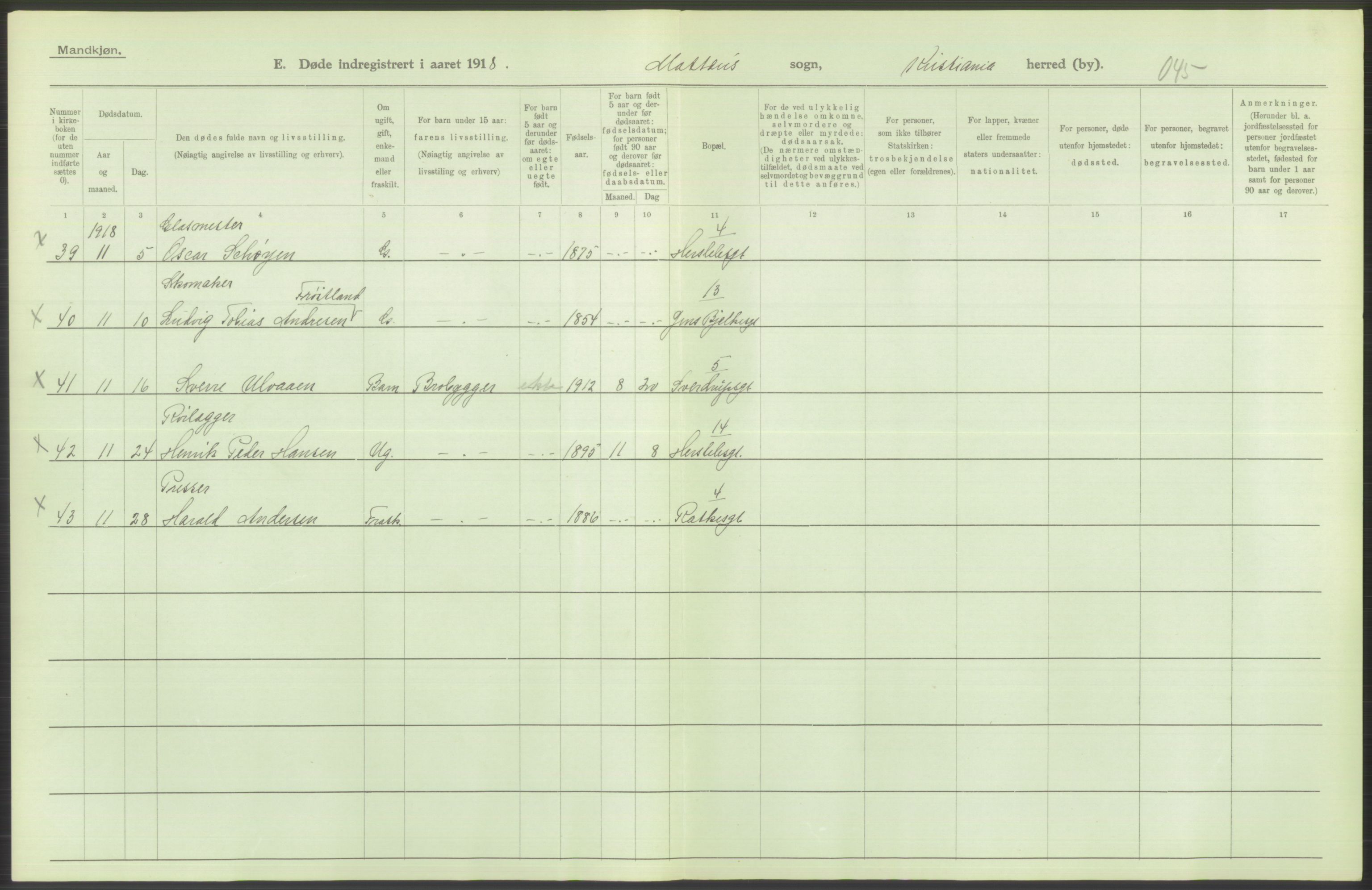 Statistisk sentralbyrå, Sosiodemografiske emner, Befolkning, RA/S-2228/D/Df/Dfb/Dfbh/L0010: Kristiania: Døde, 1918, p. 700