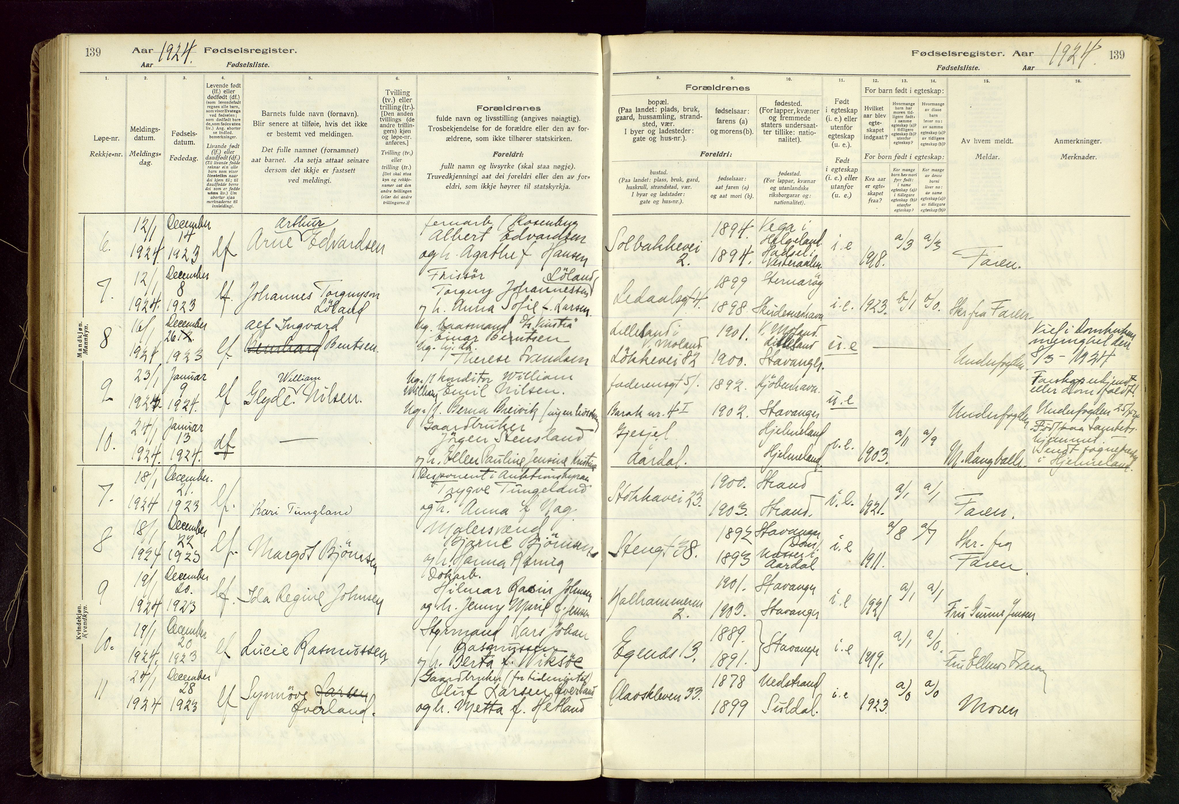 Domkirken sokneprestkontor, AV/SAST-A-101812/002/B/L0002: Birth register no. 2, 1920-1925, p. 139