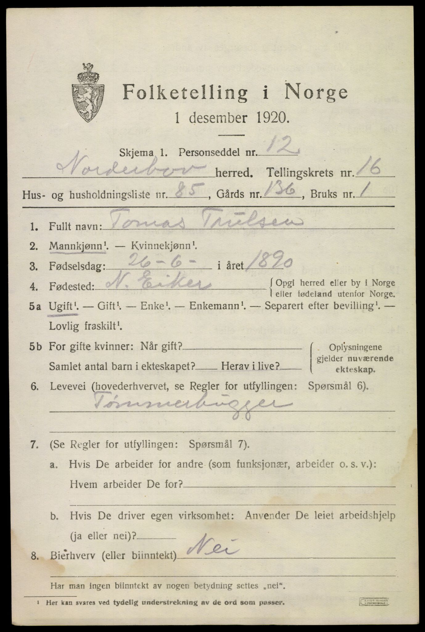 SAKO, 1920 census for Norderhov, 1920, p. 18512