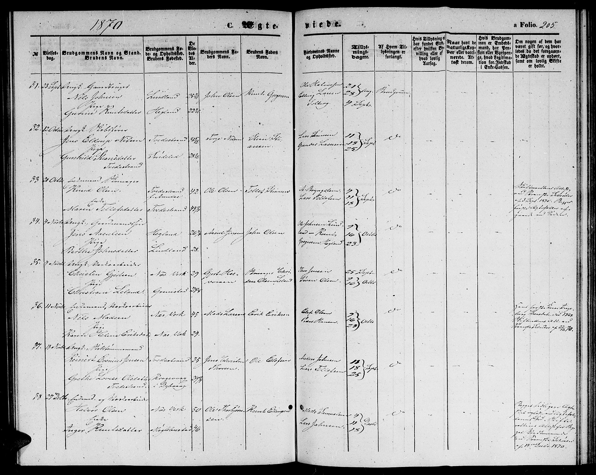 Holt sokneprestkontor, AV/SAK-1111-0021/F/Fb/L0008: Parish register (copy) no. B 8, 1858-1871, p. 205