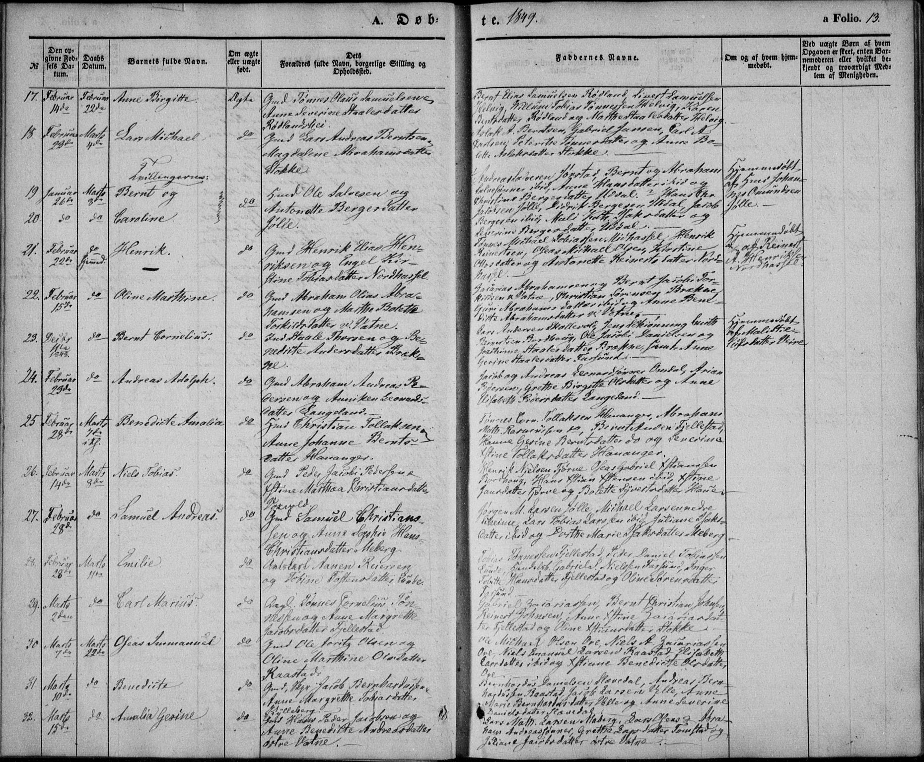 Lista sokneprestkontor, AV/SAK-1111-0027/F/Fb/L0002: Parish register (copy) no. B 2, 1847-1862, p. 13