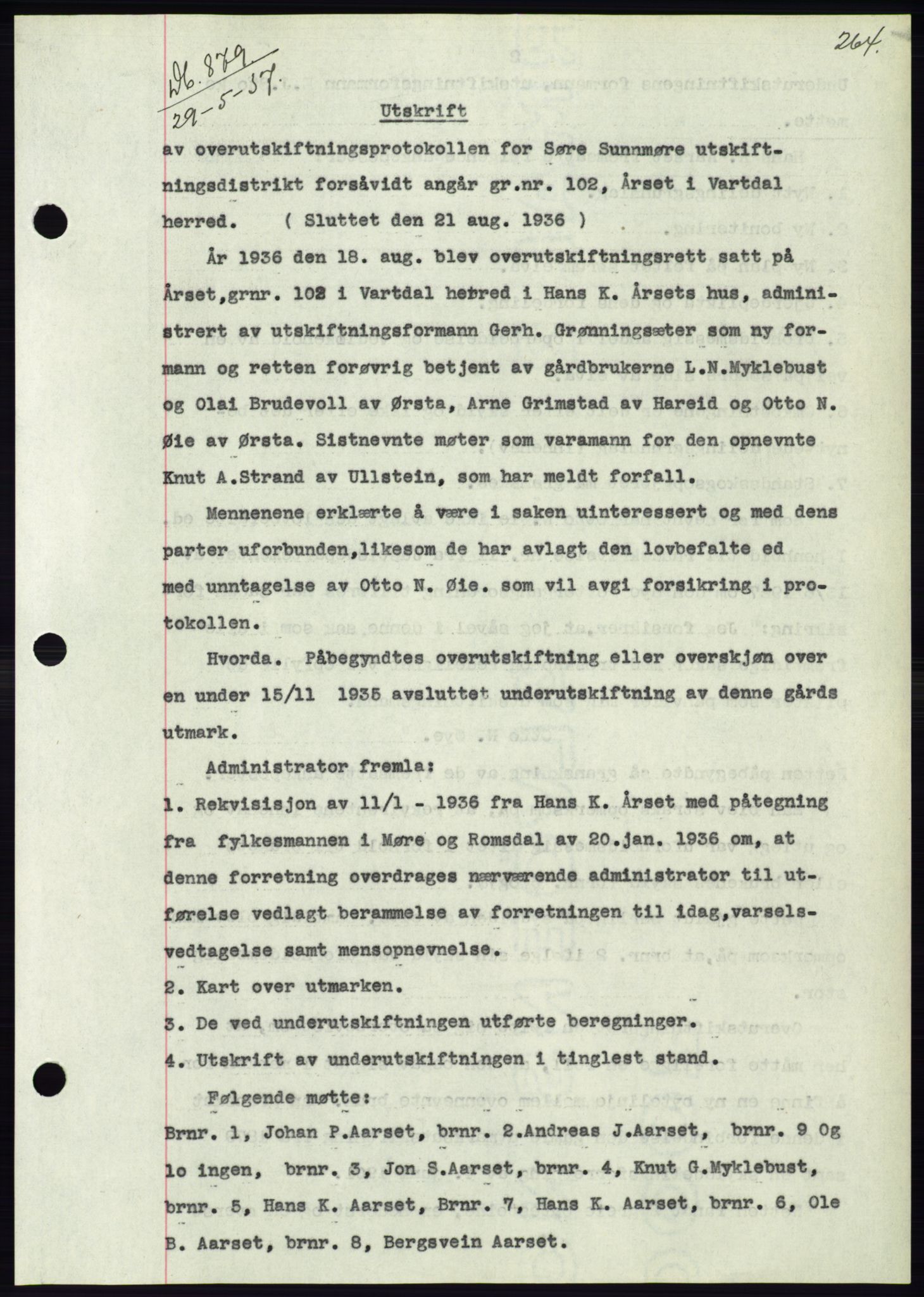 Søre Sunnmøre sorenskriveri, AV/SAT-A-4122/1/2/2C/L0063: Mortgage book no. 57, 1937-1937, Diary no: : 879/1937