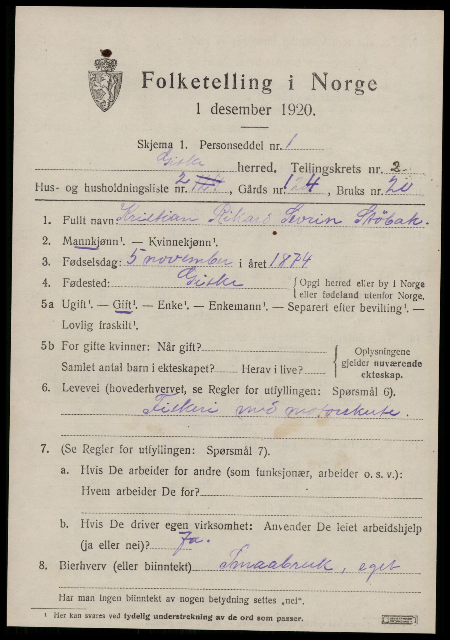SAT, 1920 census for Giske, 1920, p. 880