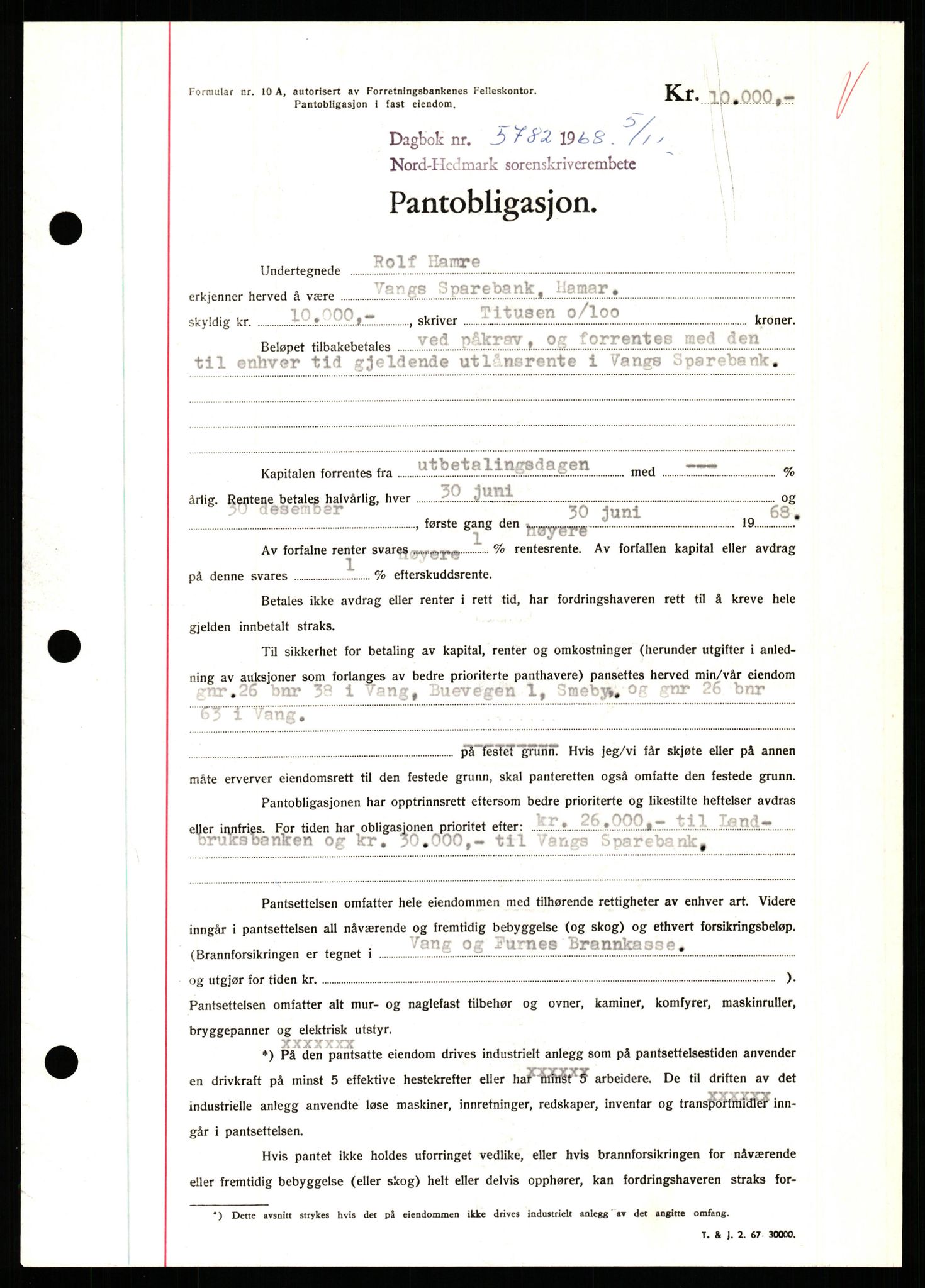 Nord-Hedmark sorenskriveri, SAH/TING-012/H/Hb/Hbf/L0077: Mortgage book no. B77, 1968-1969, Diary no: : 5782/1968