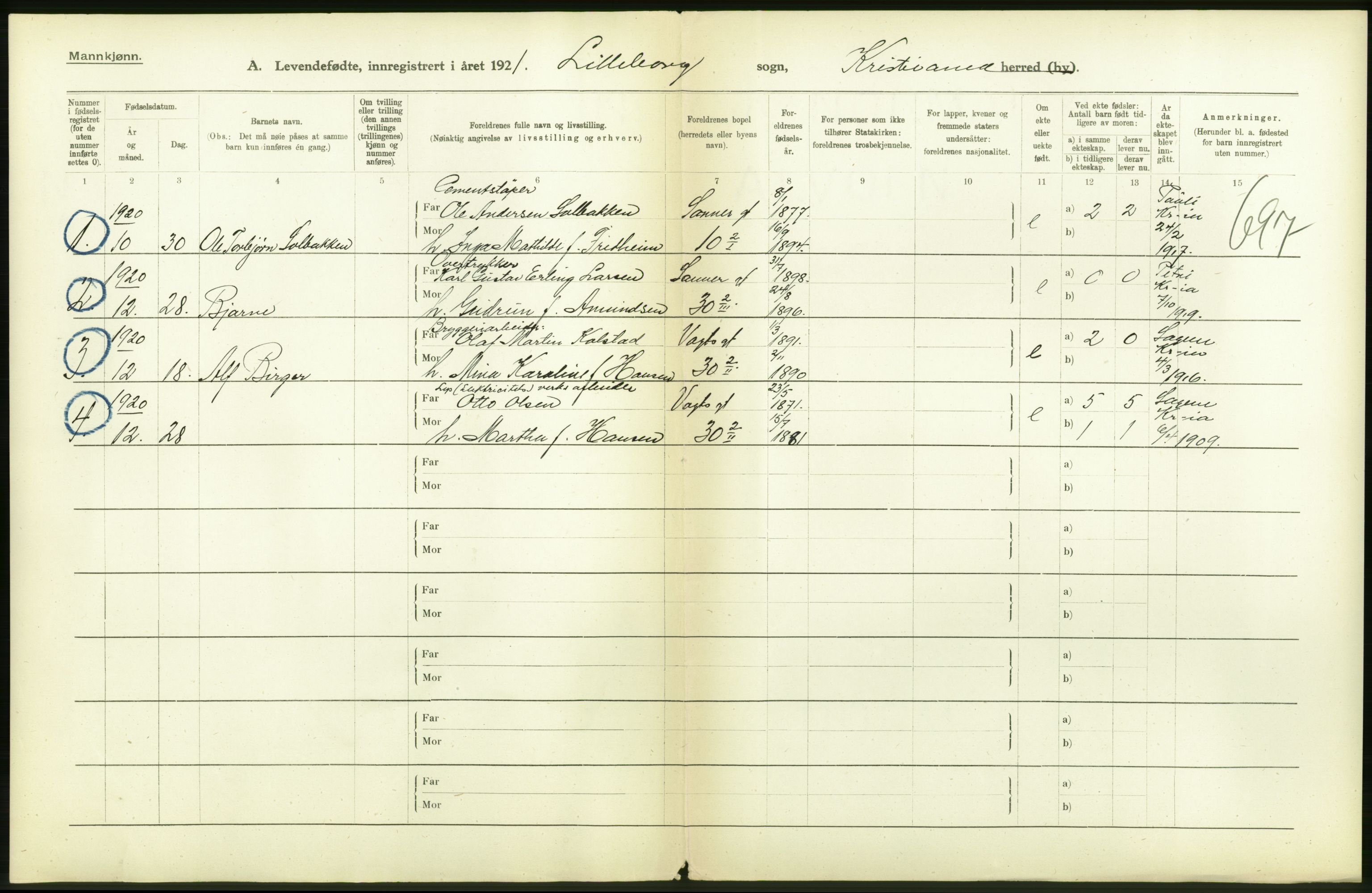 Statistisk sentralbyrå, Sosiodemografiske emner, Befolkning, AV/RA-S-2228/D/Df/Dfc/Dfca/L0008: Kristiania: Levendefødte menn og kvinner., 1921, p. 2