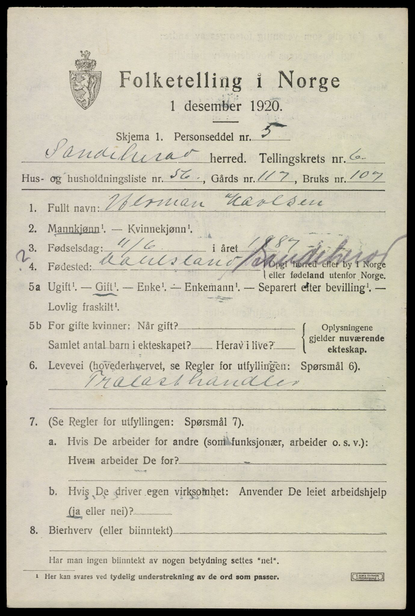 SAKO, 1920 census for Sandeherred, 1920, p. 10318