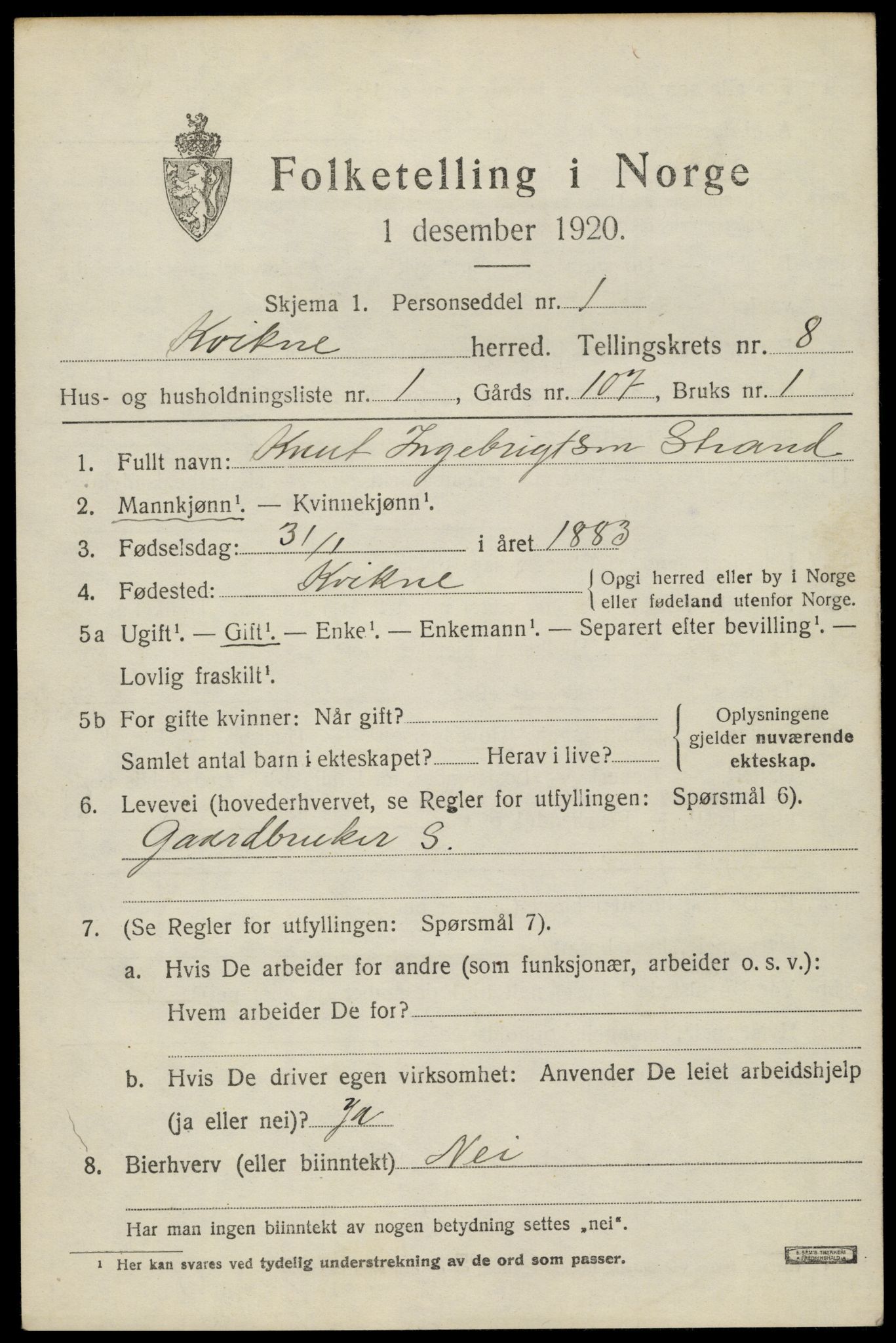 SAH, 1920 census for Kvikne, 1920, p. 3316