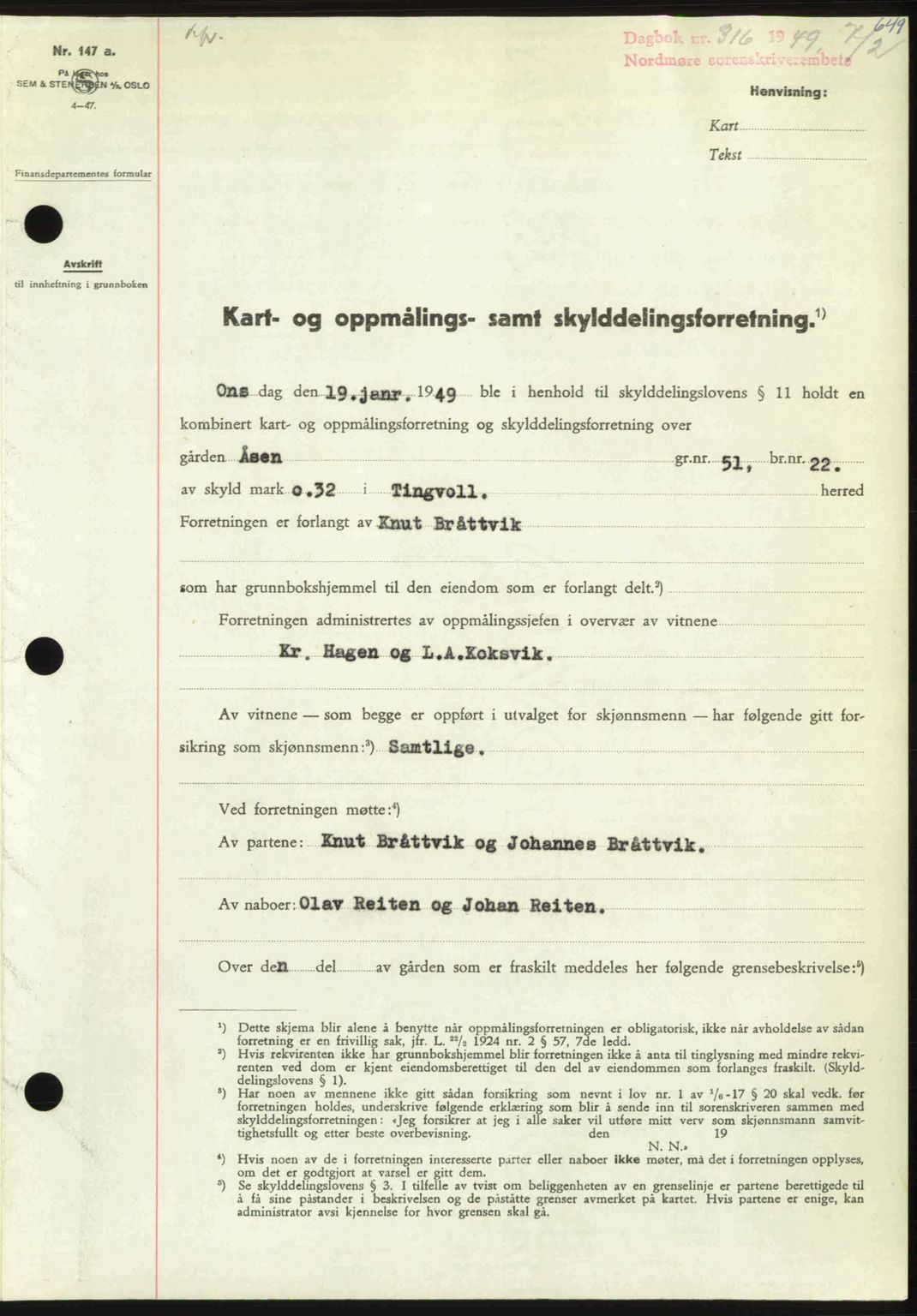 Nordmøre sorenskriveri, AV/SAT-A-4132/1/2/2Ca: Mortgage book no. A110, 1948-1949, Diary no: : 316/1949