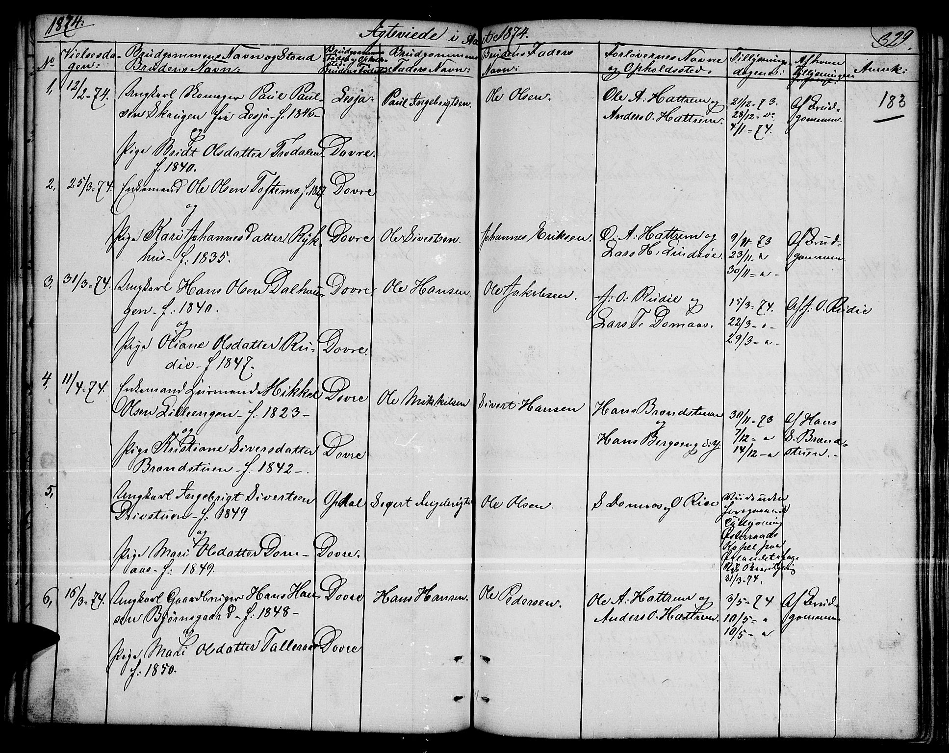 Dovre prestekontor, SAH/PREST-066/H/Ha/Hab/L0001: Parish register (copy) no. 1, 1862-1880, p. 329