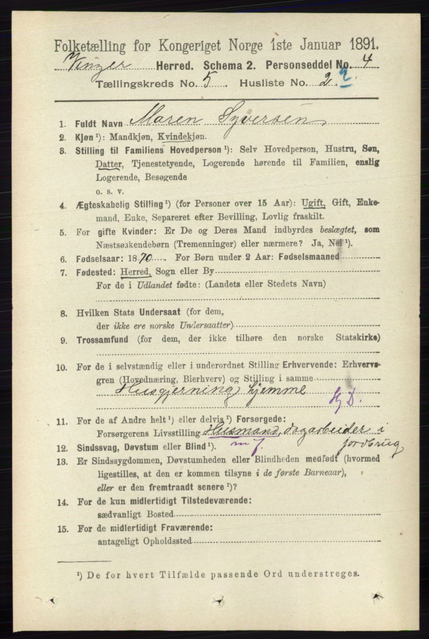 RA, 1891 census for 0421 Vinger, 1891, p. 2054