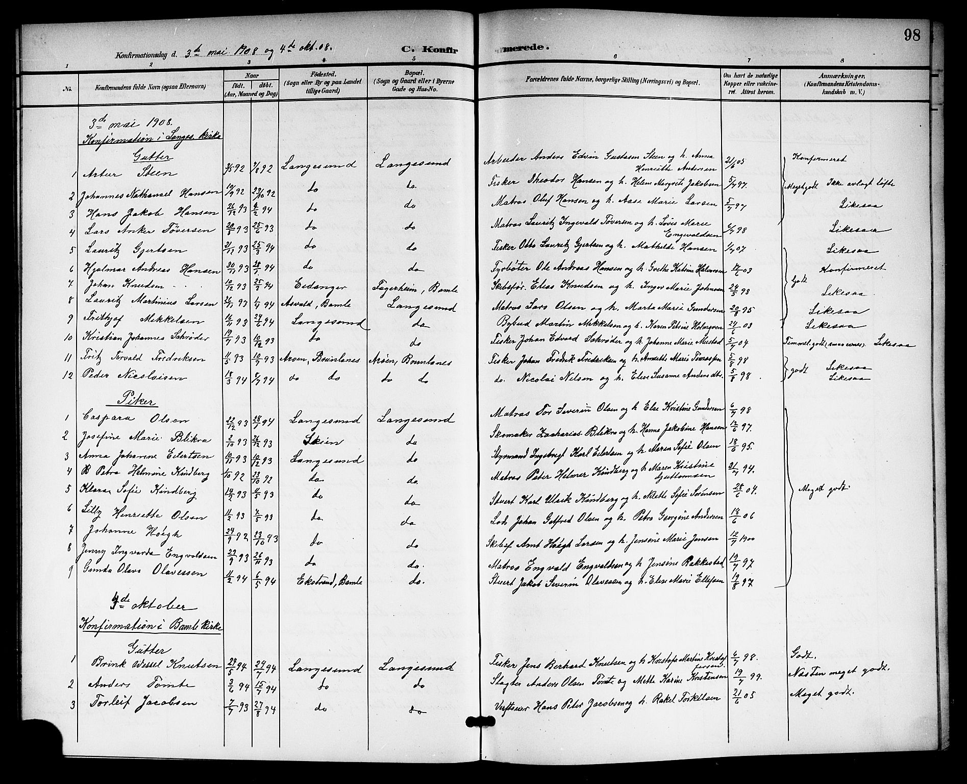 Langesund kirkebøker, SAKO/A-280/G/Ga/L0006: Parish register (copy) no. 6, 1899-1918, p. 98