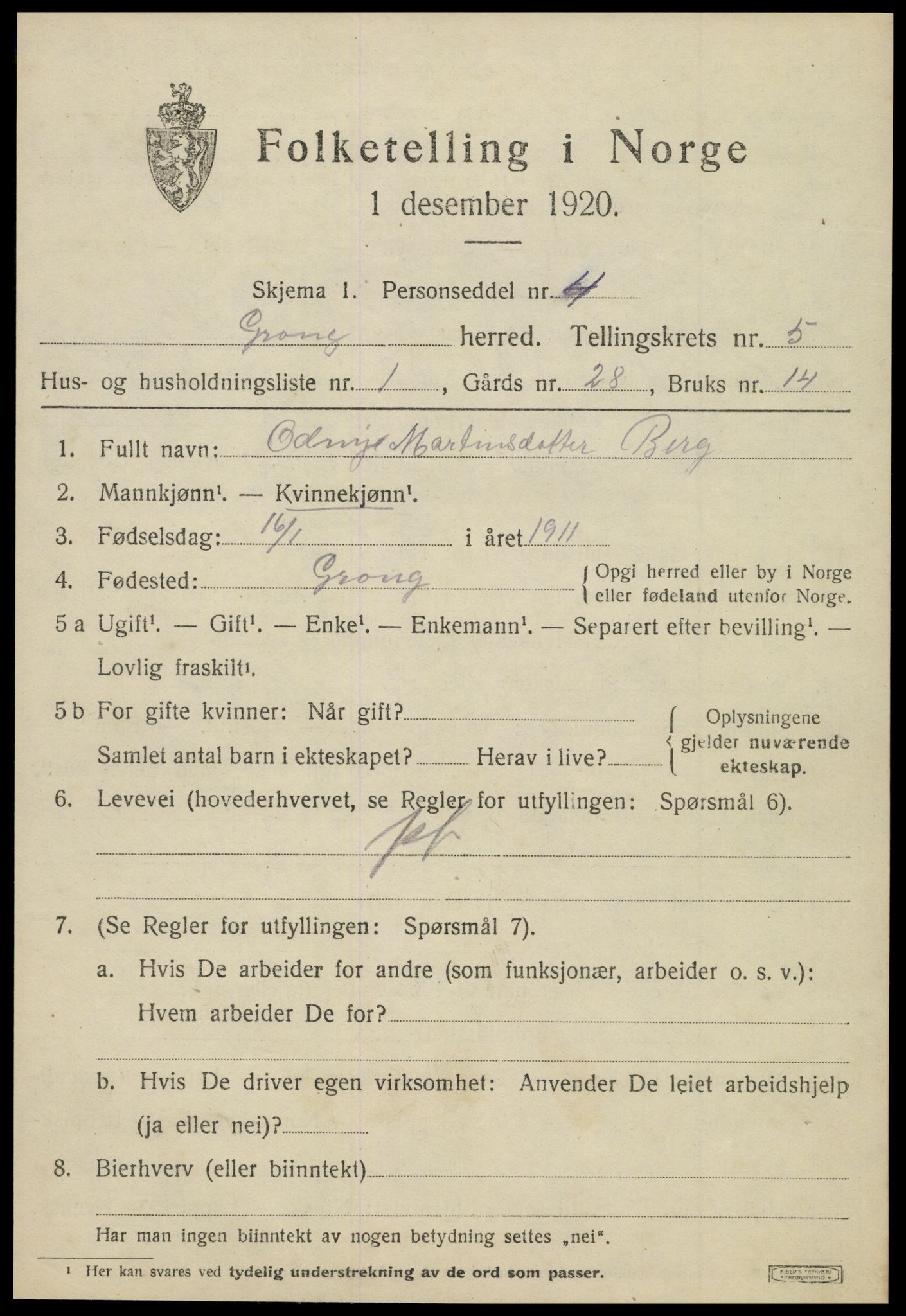 SAT, 1920 census for Grong, 1920, p. 3289