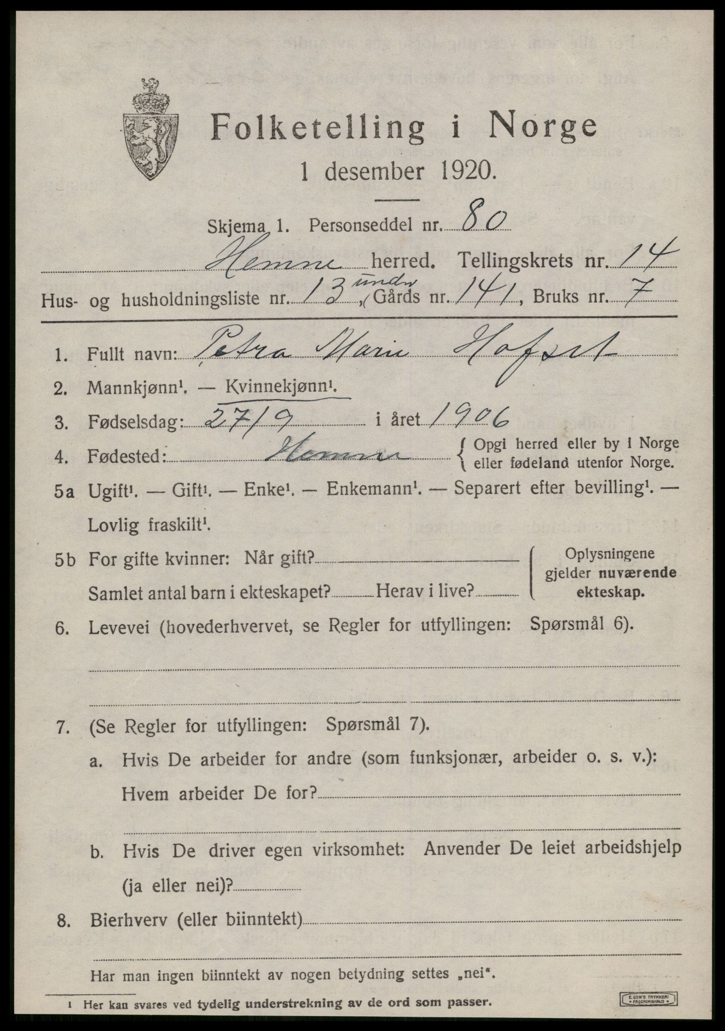 SAT, 1920 census for Hemne, 1920, p. 8090