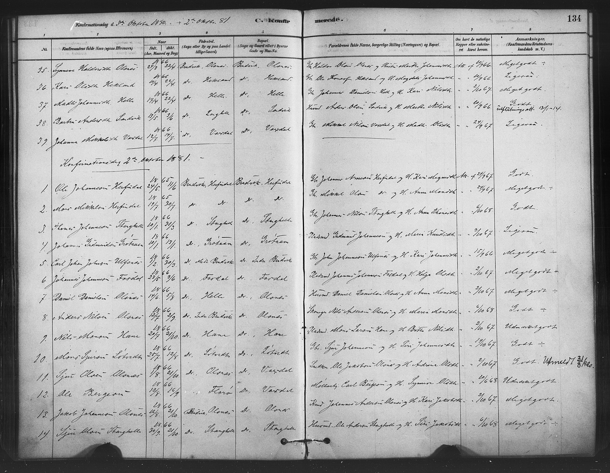 Bruvik Sokneprestembete, SAB/A-74701/H/Haa: Parish register (official) no. B 1, 1878-1904, p. 134