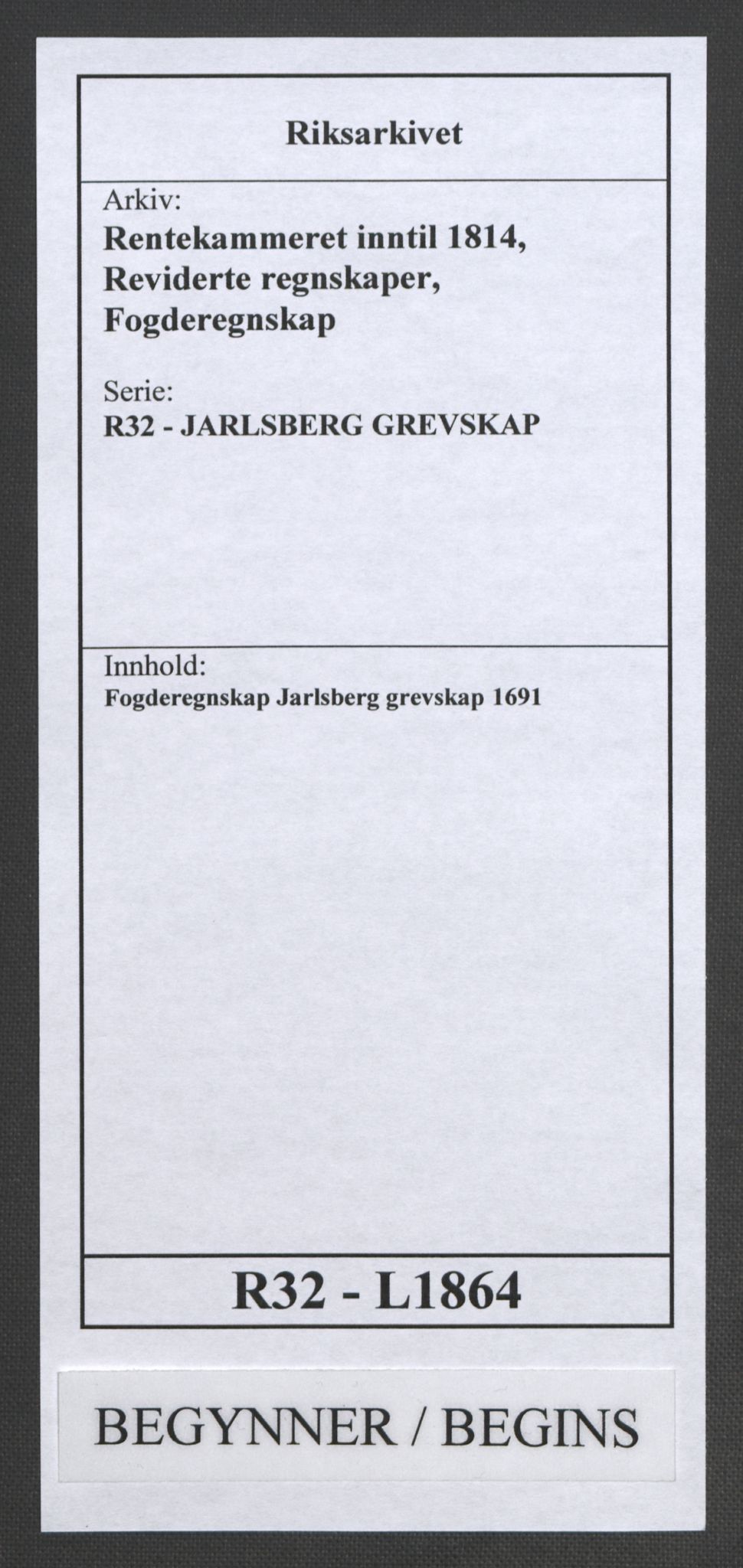 Rentekammeret inntil 1814, Reviderte regnskaper, Fogderegnskap, RA/EA-4092/R32/L1864: Fogderegnskap Jarlsberg grevskap, 1691, p. 1