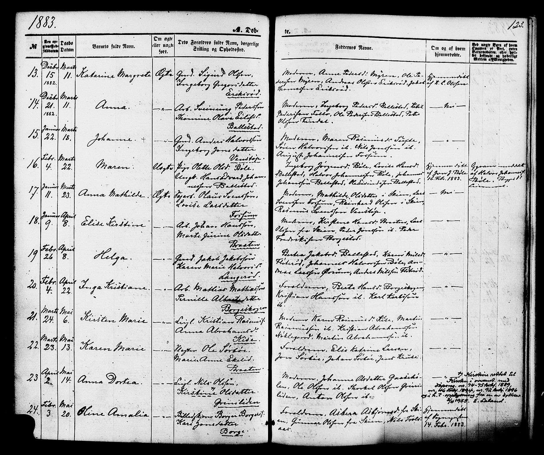 Gjerpen kirkebøker, SAKO/A-265/F/Fa/L0009: Parish register (official) no. I 9, 1872-1885, p. 123