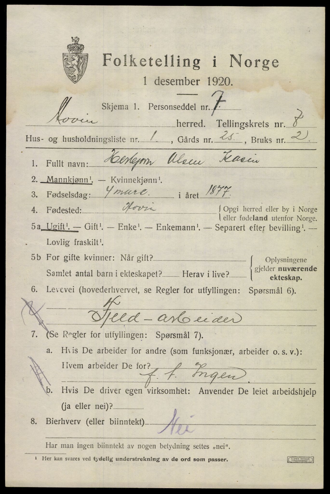 SAKO, 1920 census for Hovin, 1920, p. 1703