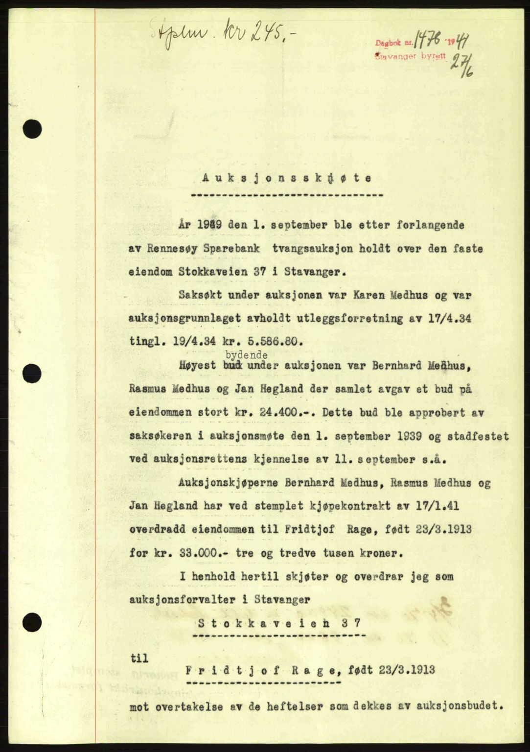 Stavanger byrett, SAST/A-100455/002/G/Gb/L0016: Mortgage book no. A6, 1940-1941, Diary no: : 1478/1941