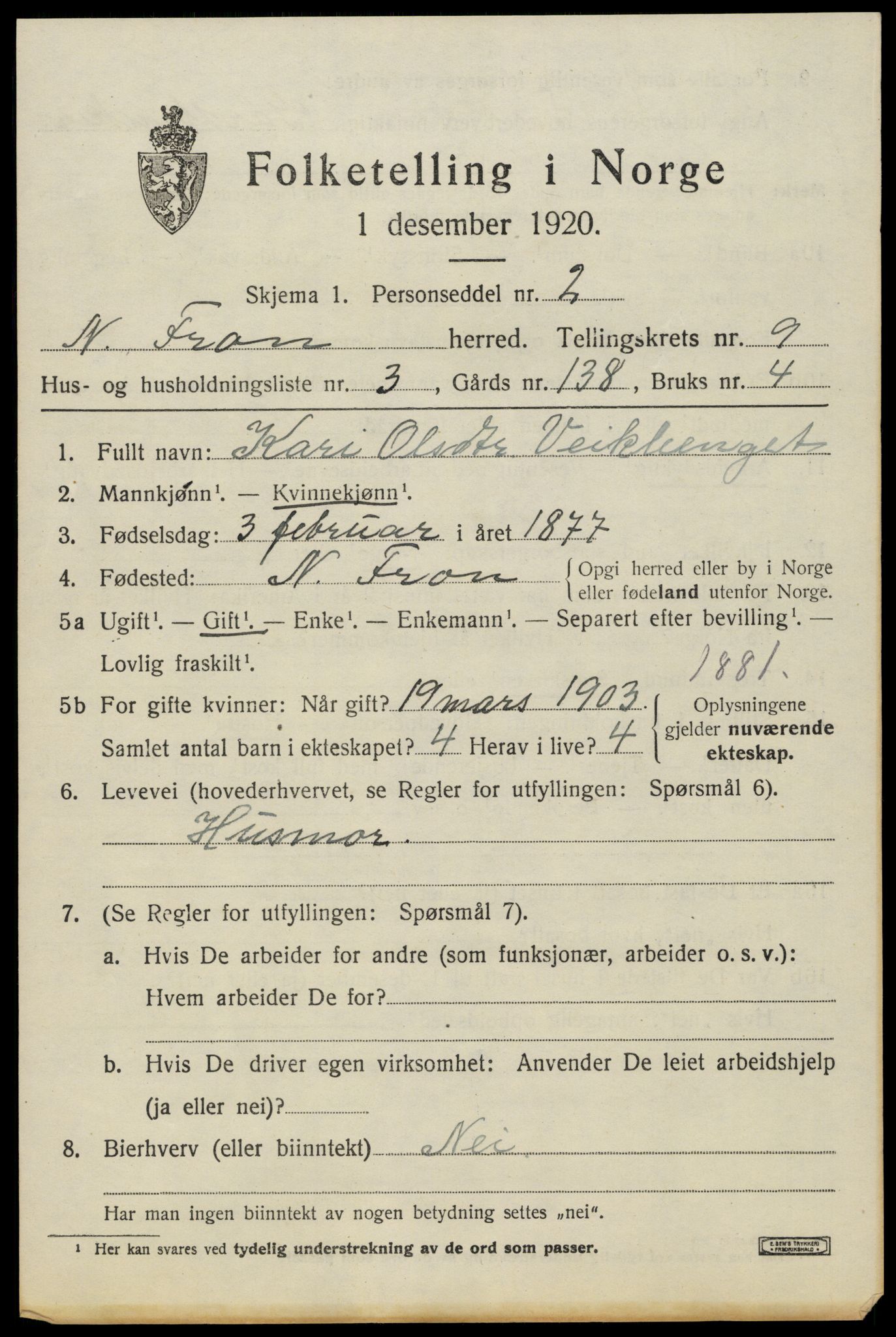 SAH, 1920 census for Nord-Fron, 1920, p. 7494