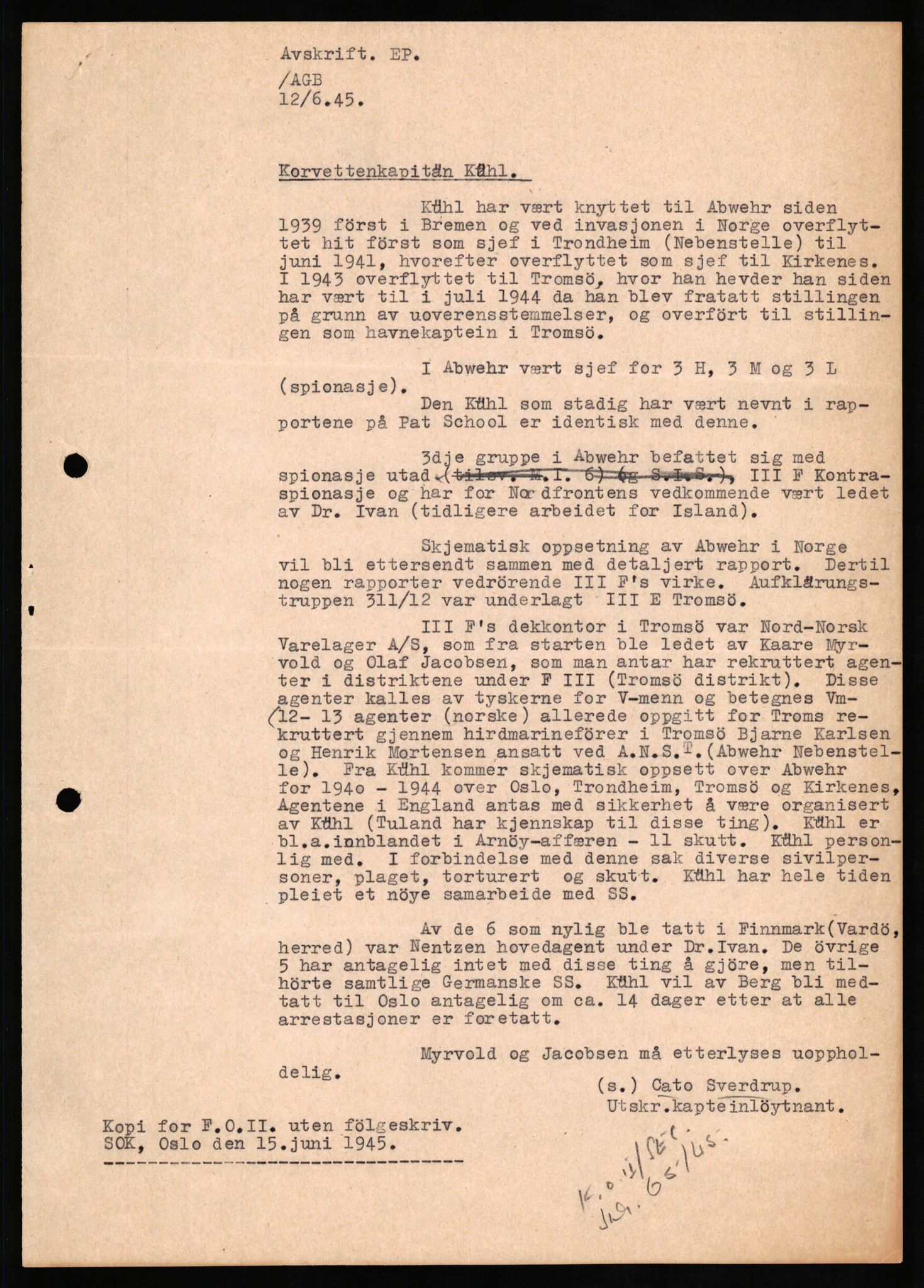 Forsvaret, Forsvarets overkommando II, AV/RA-RAFA-3915/D/Db/L0019: CI Questionaires. Tyske okkupasjonsstyrker i Norge. Tyskere., 1945-1946, p. 48