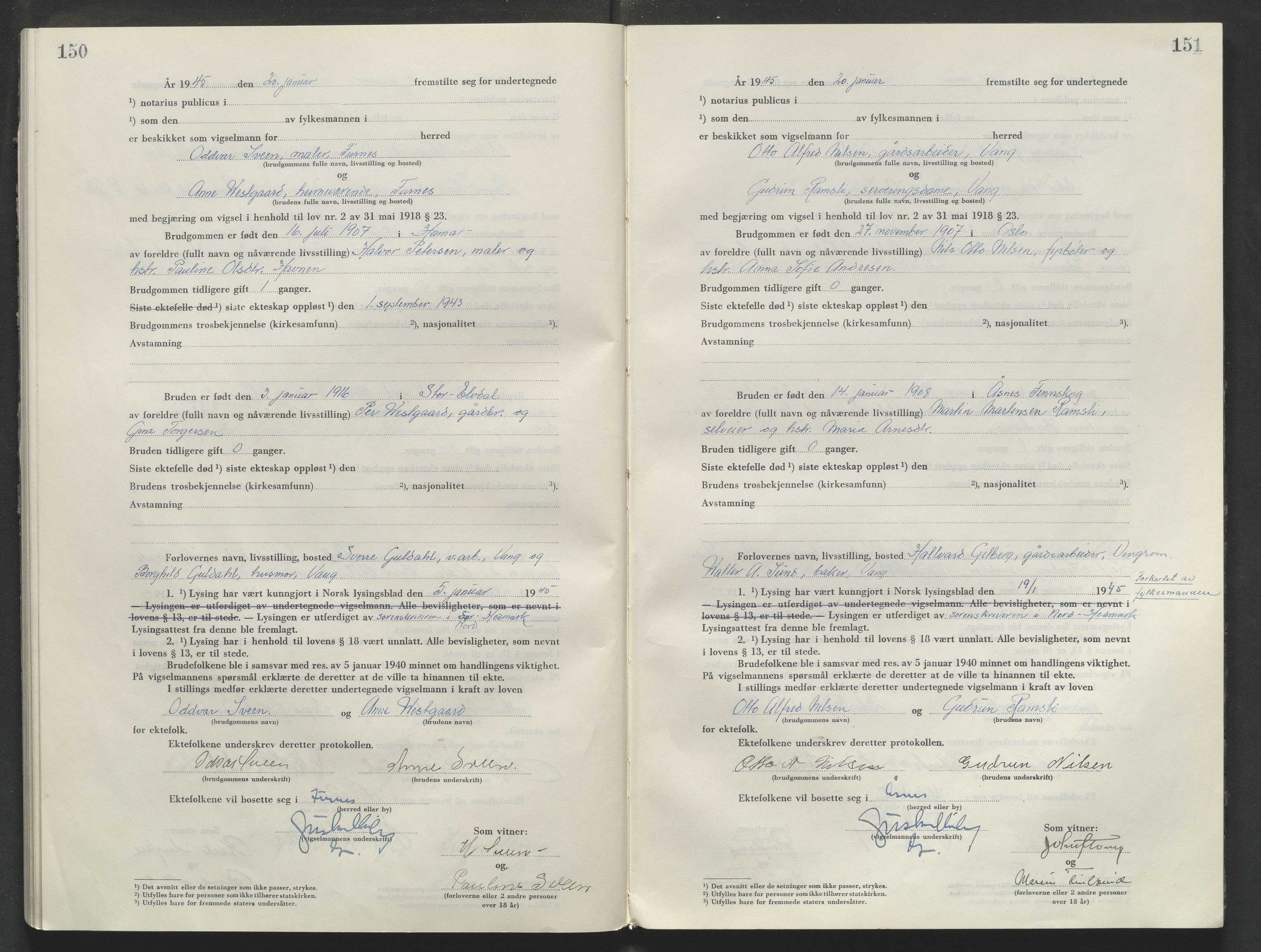 Sør-Hedmark sorenskriveri, AV/SAH-TING-014/L/Le/L0002/0001: Vigselsbøker / Vigselbok, 1944-1945, p. 152-153