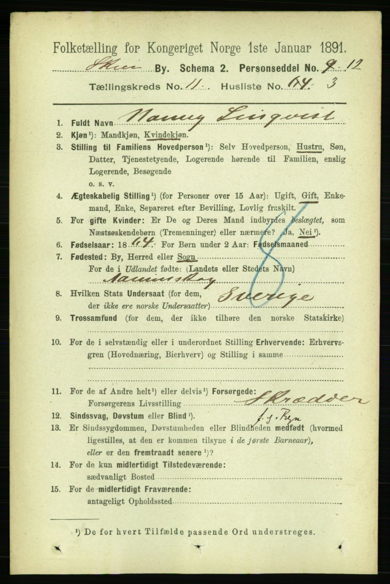 RA, 1891 census for 0806 Skien, 1891, p. 3901