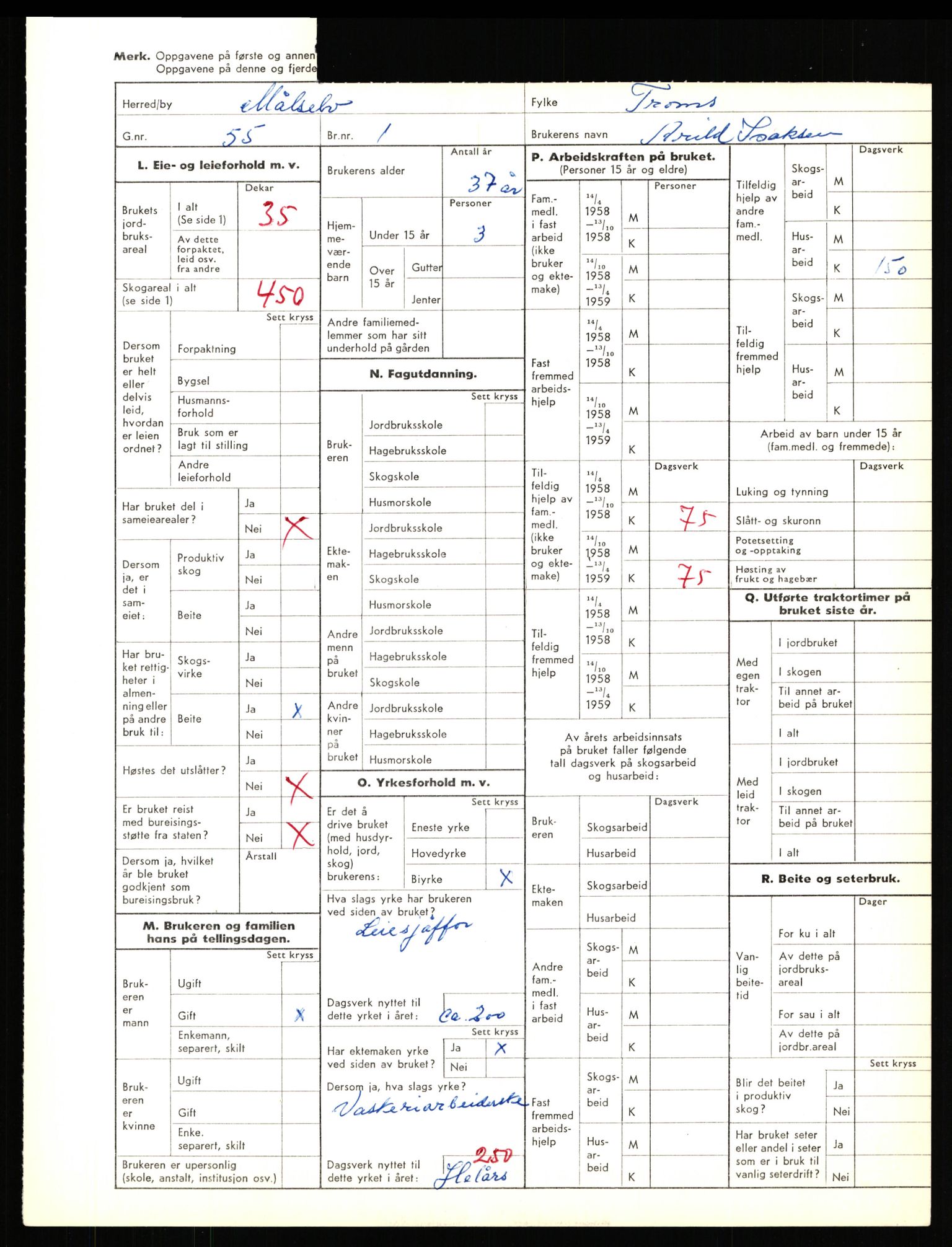 Statistisk sentralbyrå, Næringsøkonomiske emner, Jordbruk, skogbruk, jakt, fiske og fangst, AV/RA-S-2234/G/Gd/L0655: Troms: 1924 Målselv (kl. 4-10), 1959, p. 1269