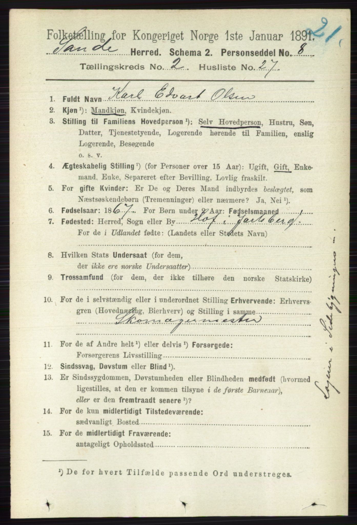 RA, 1891 census for 0713 Sande, 1891, p. 738