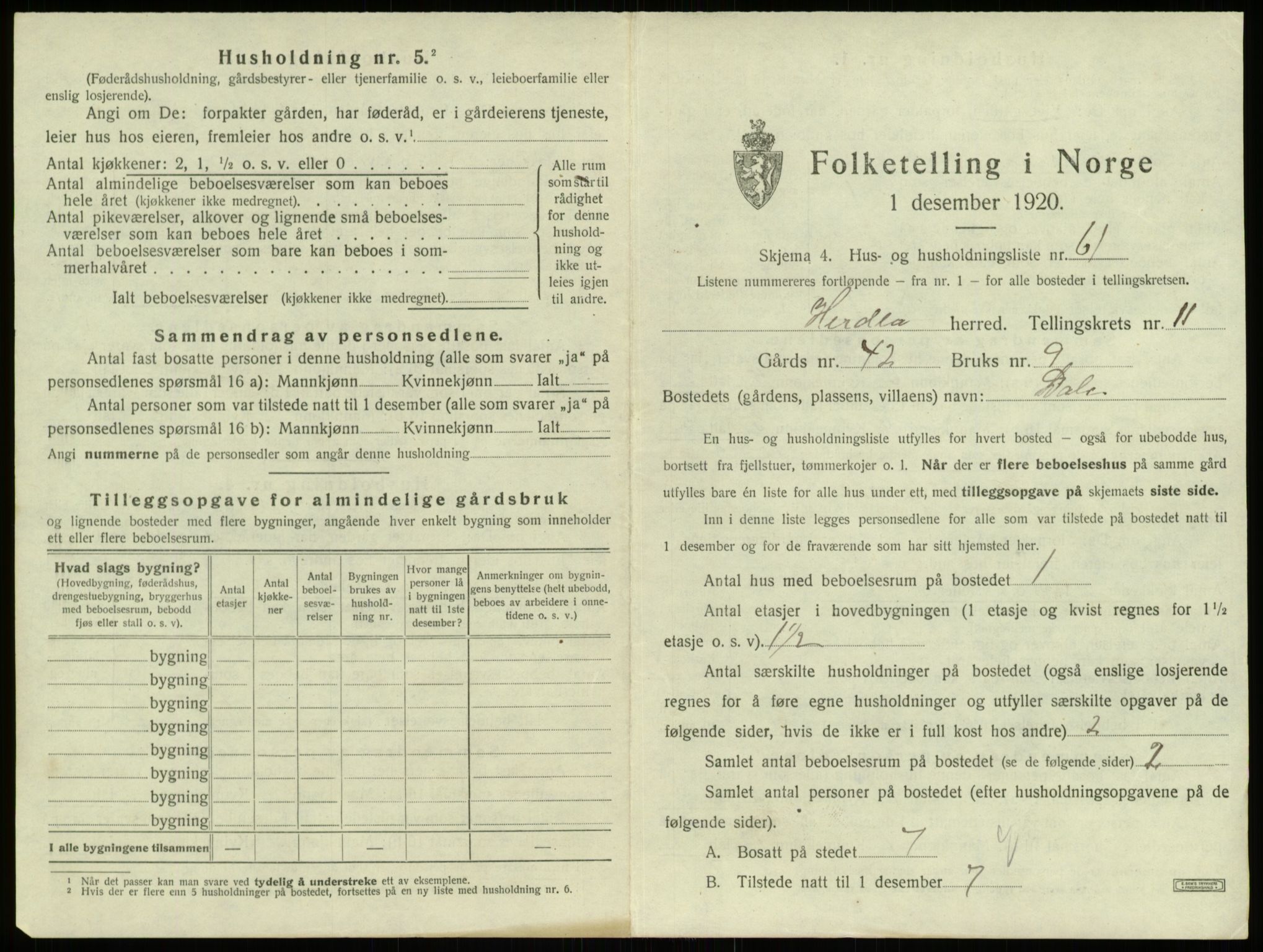 SAB, 1920 census for Herdla, 1920, p. 1088