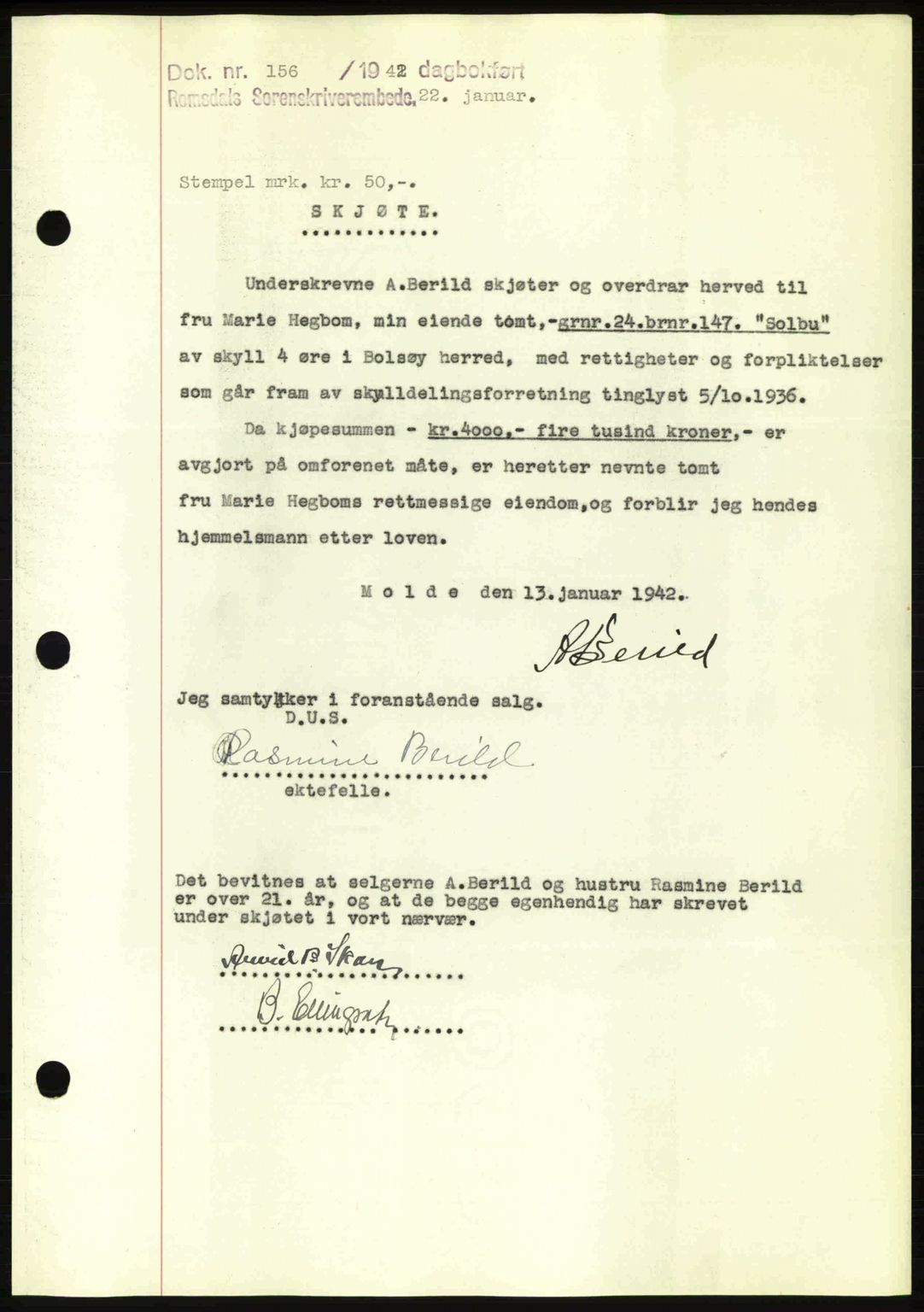 Romsdal sorenskriveri, AV/SAT-A-4149/1/2/2C: Mortgage book no. A11, 1941-1942, Diary no: : 156/1942