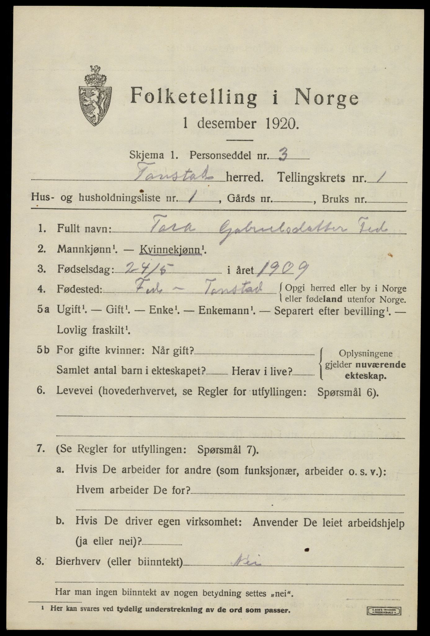 SAK, 1920 census for Tonstad, 1920, p. 332