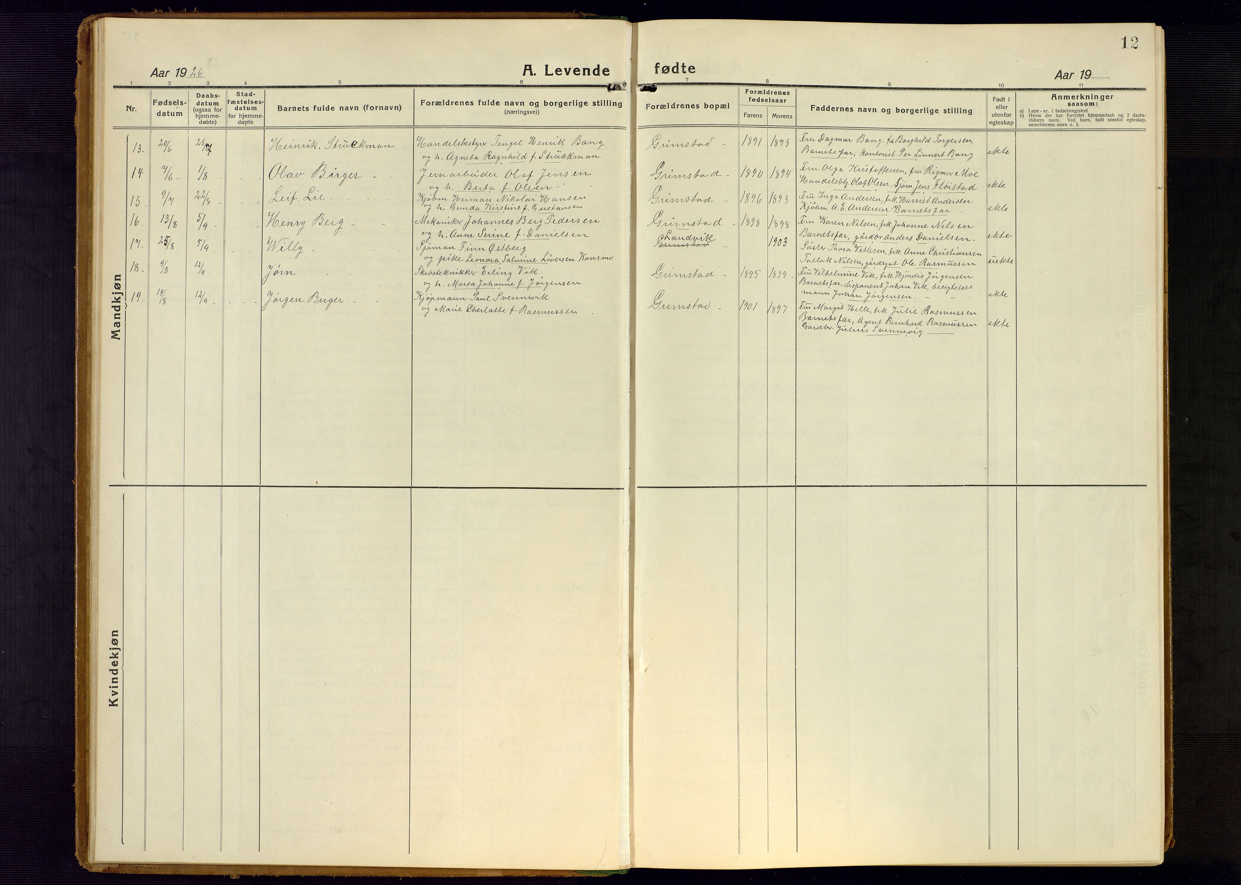 Grimstad sokneprestkontor, AV/SAK-1111-0017/F/Fb/L0002: Parish register (copy) no. B 2, 1923-1949, p. 12