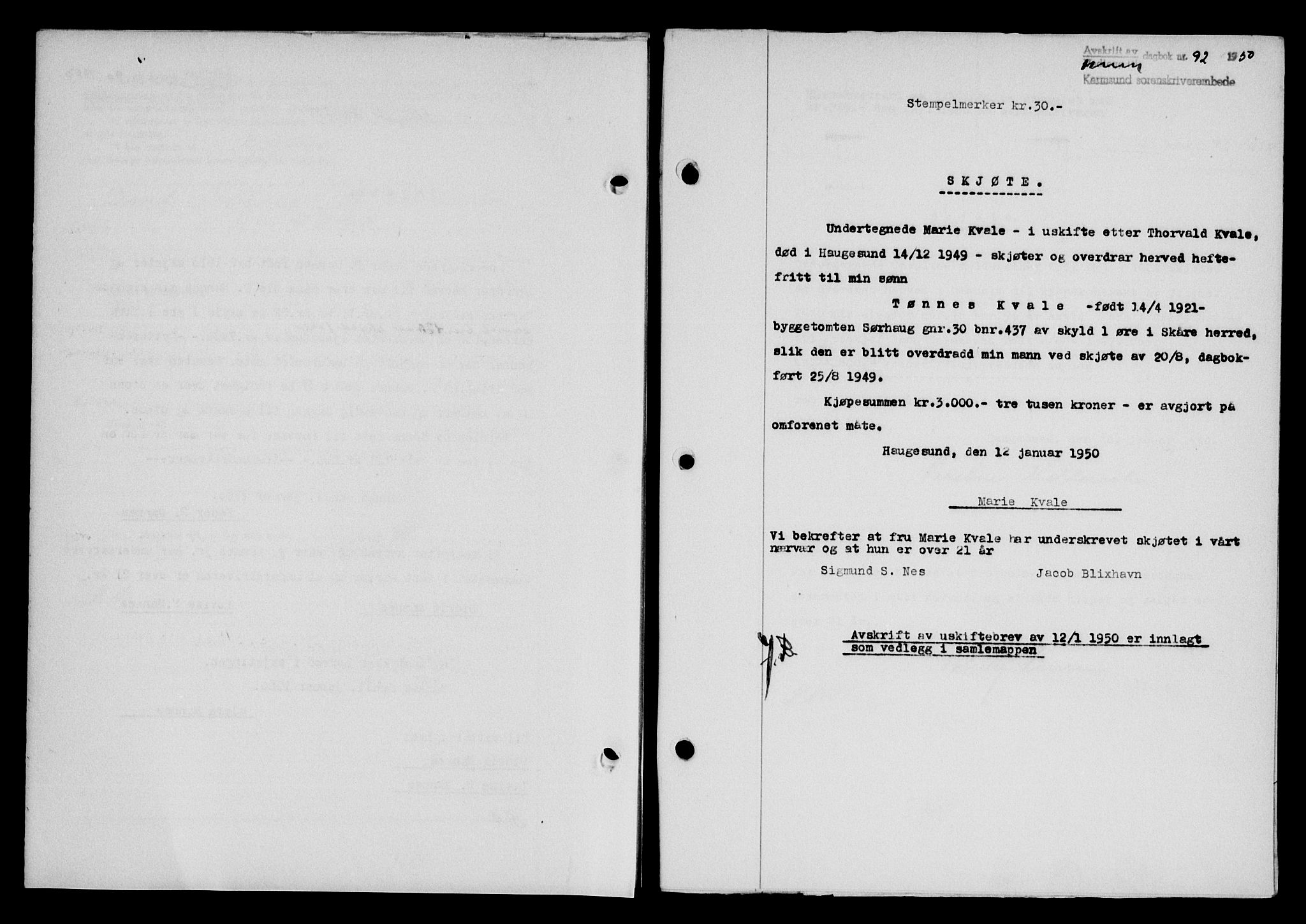 Karmsund sorenskriveri, SAST/A-100311/01/II/IIB/L0098: Mortgage book no. 78A, 1949-1950, Diary no: : 92/1950