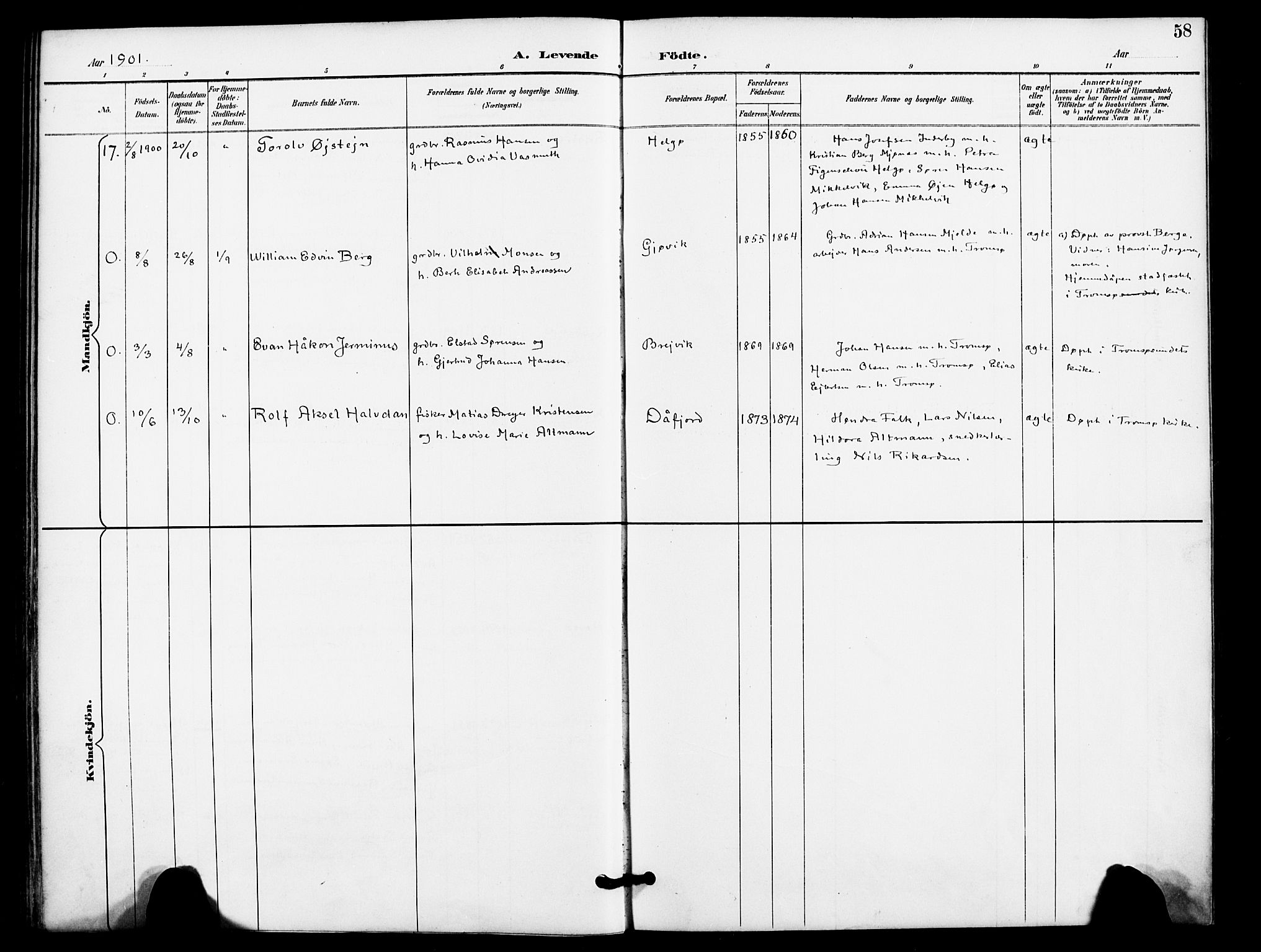 Karlsøy sokneprestembete, AV/SATØ-S-1299/H/Ha/Haa/L0012kirke: Parish register (official) no. 12, 1892-1902, p. 58