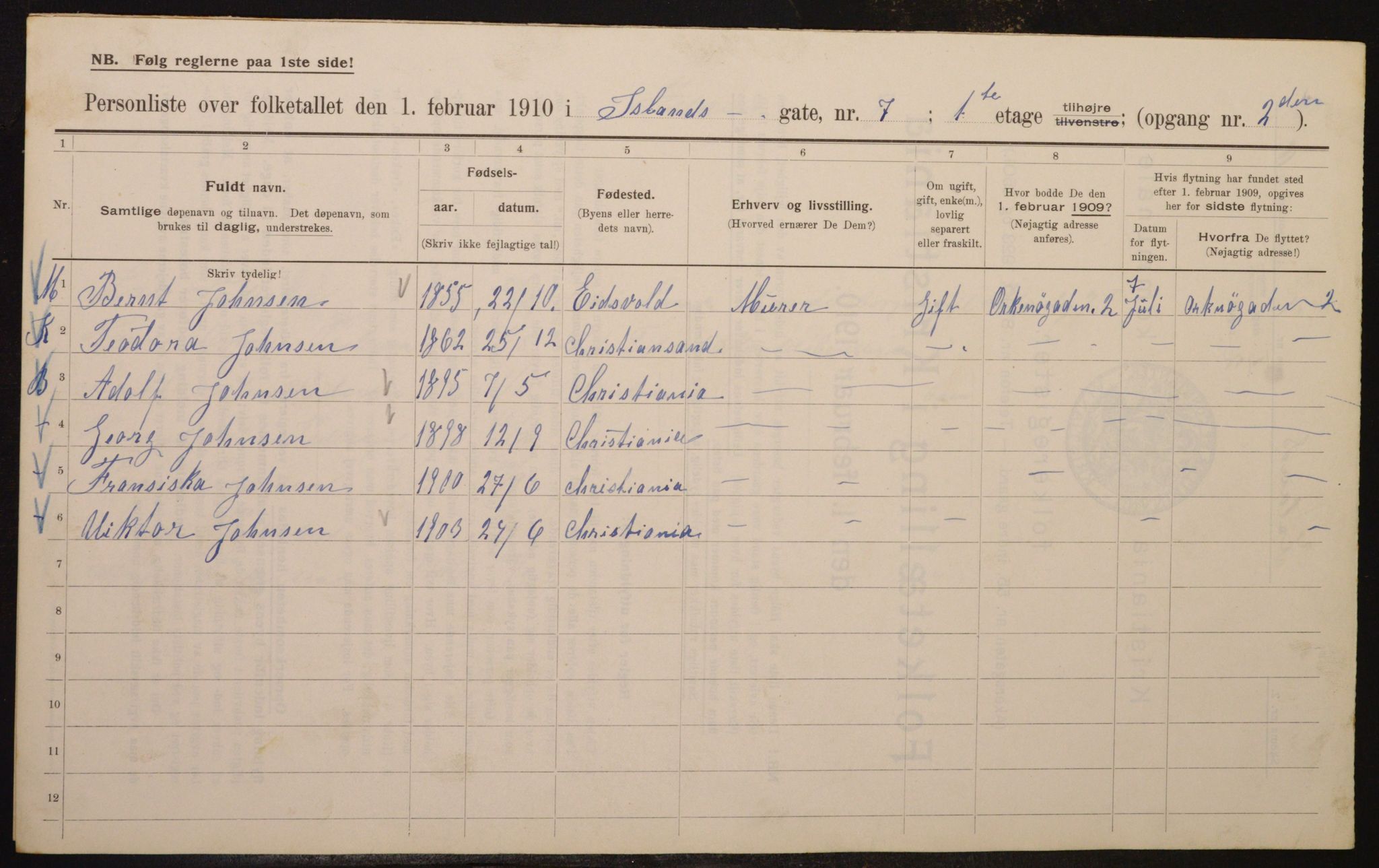 OBA, Municipal Census 1910 for Kristiania, 1910, p. 43467