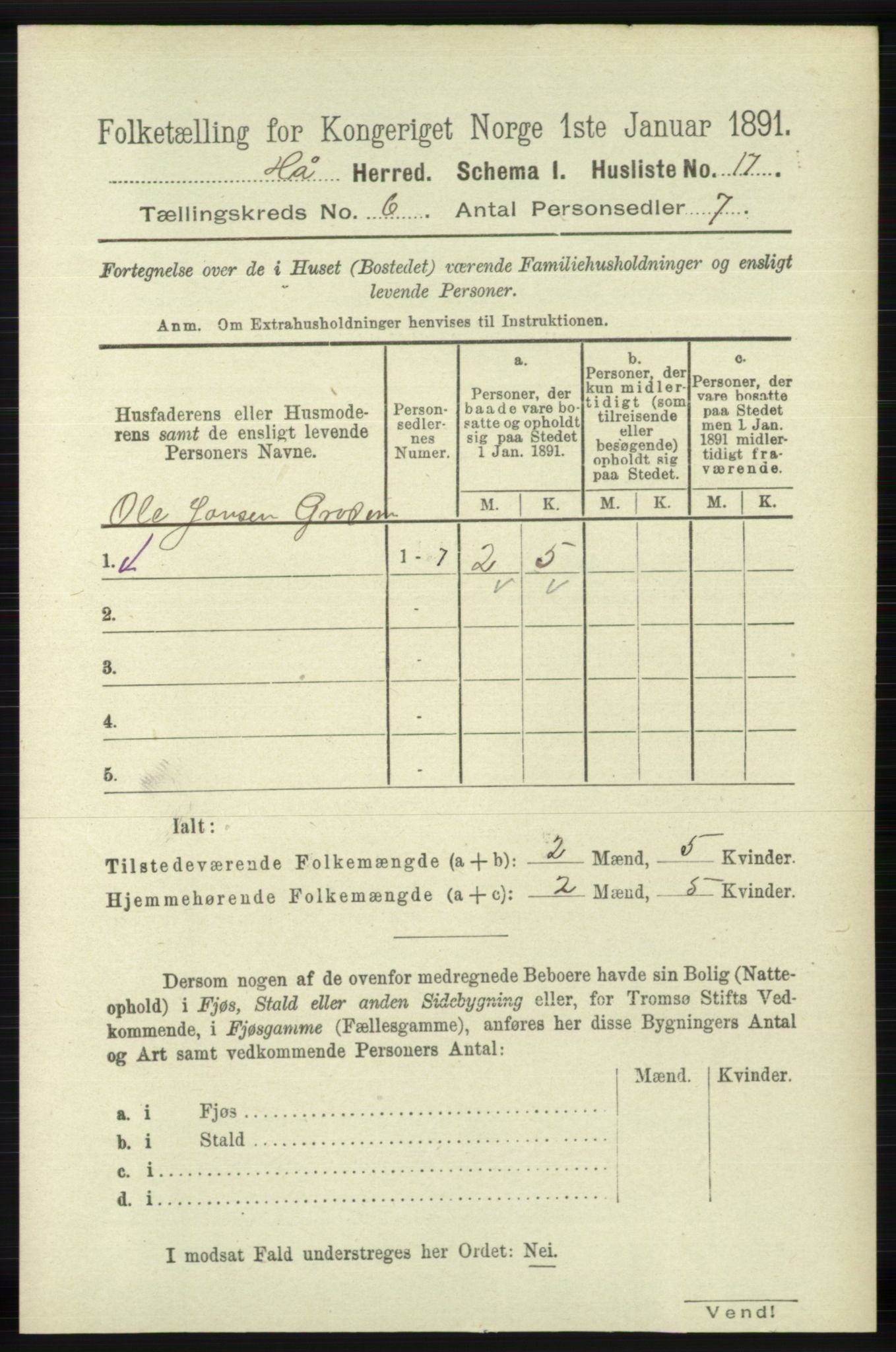 RA, 1891 census for 1119 Hå, 1891, p. 1704