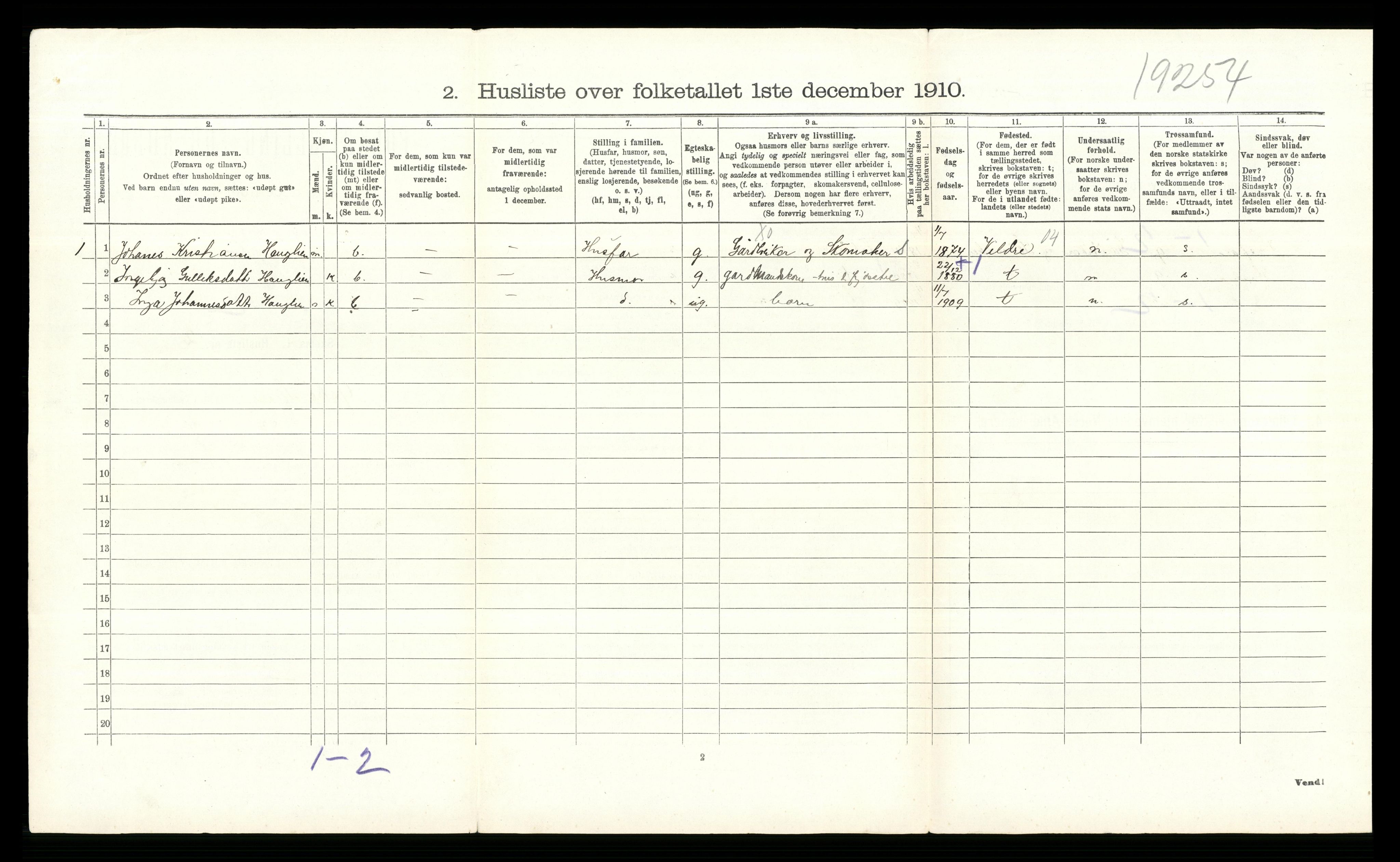 RA, 1910 census for Øystre Slidre, 1910, p. 405