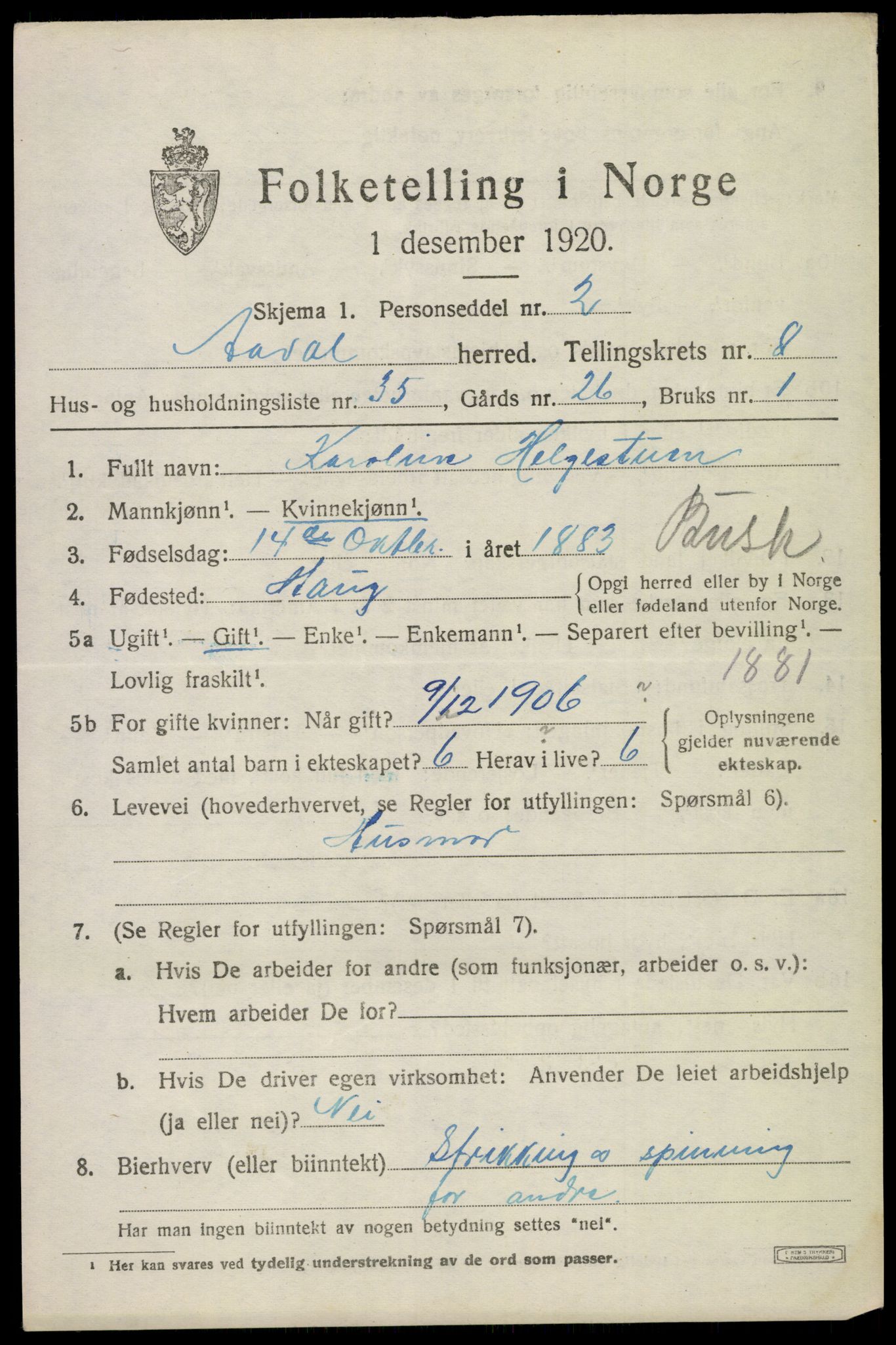 SAKO, 1920 census for Ådal, 1920, p. 5734