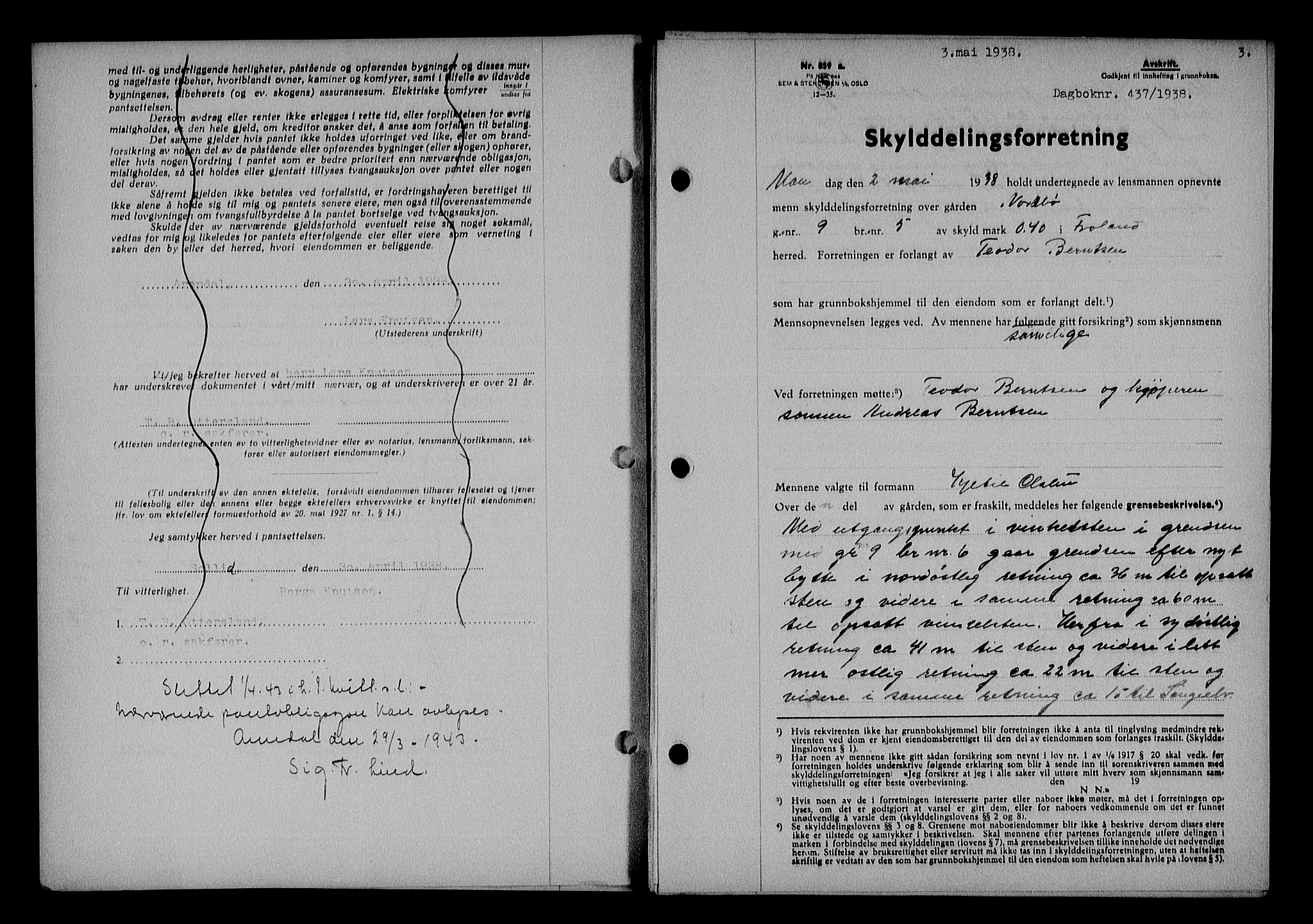 Nedenes sorenskriveri, SAK/1221-0006/G/Gb/Gba/L0045: Mortgage book no. 41, 1938-1938, Diary no: : 437/1938
